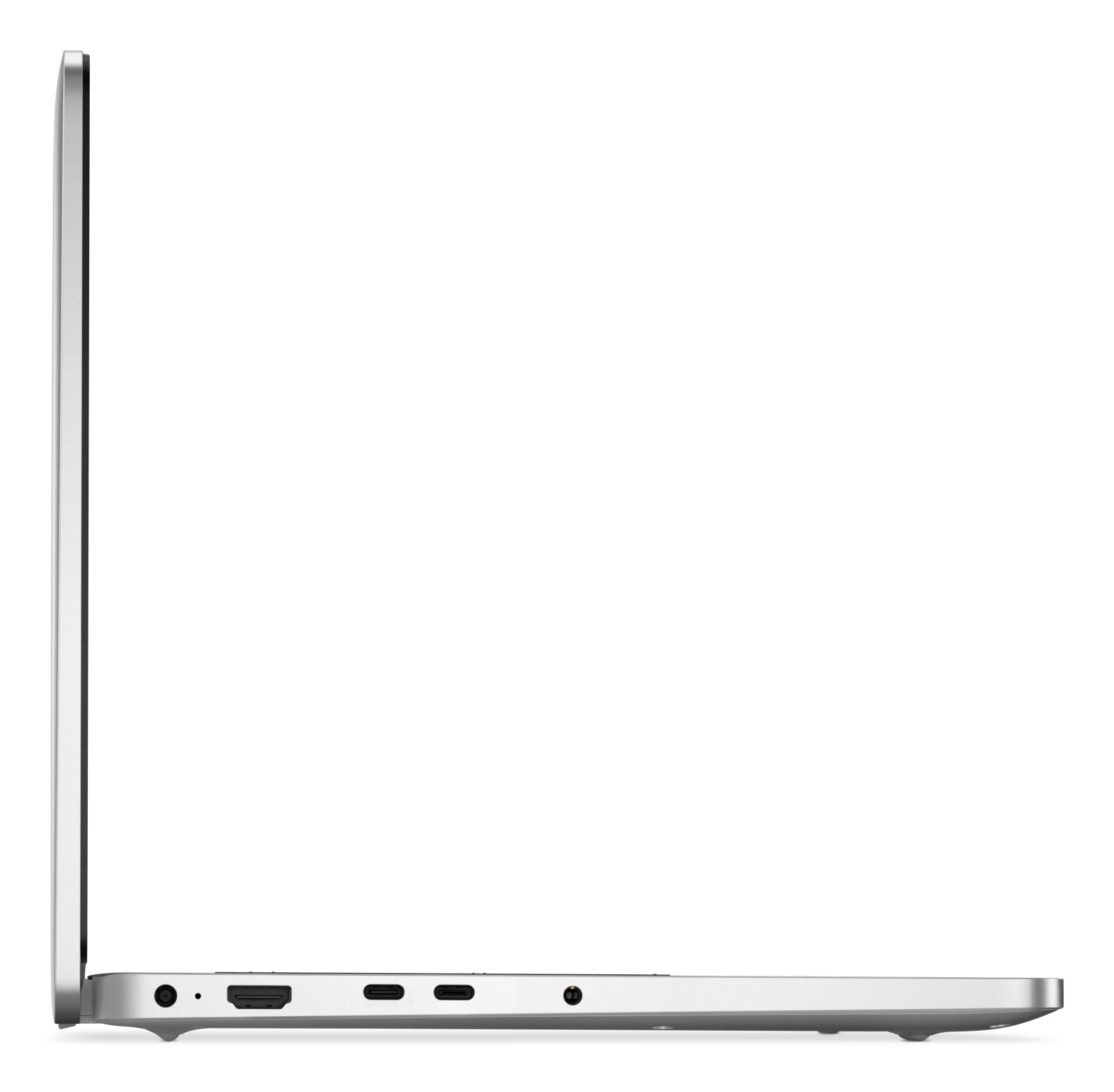 Seitenansicht eines silbernen Laptops mit Anschlüssen wie HDMI und USB-C vor weißem Hintergrund.