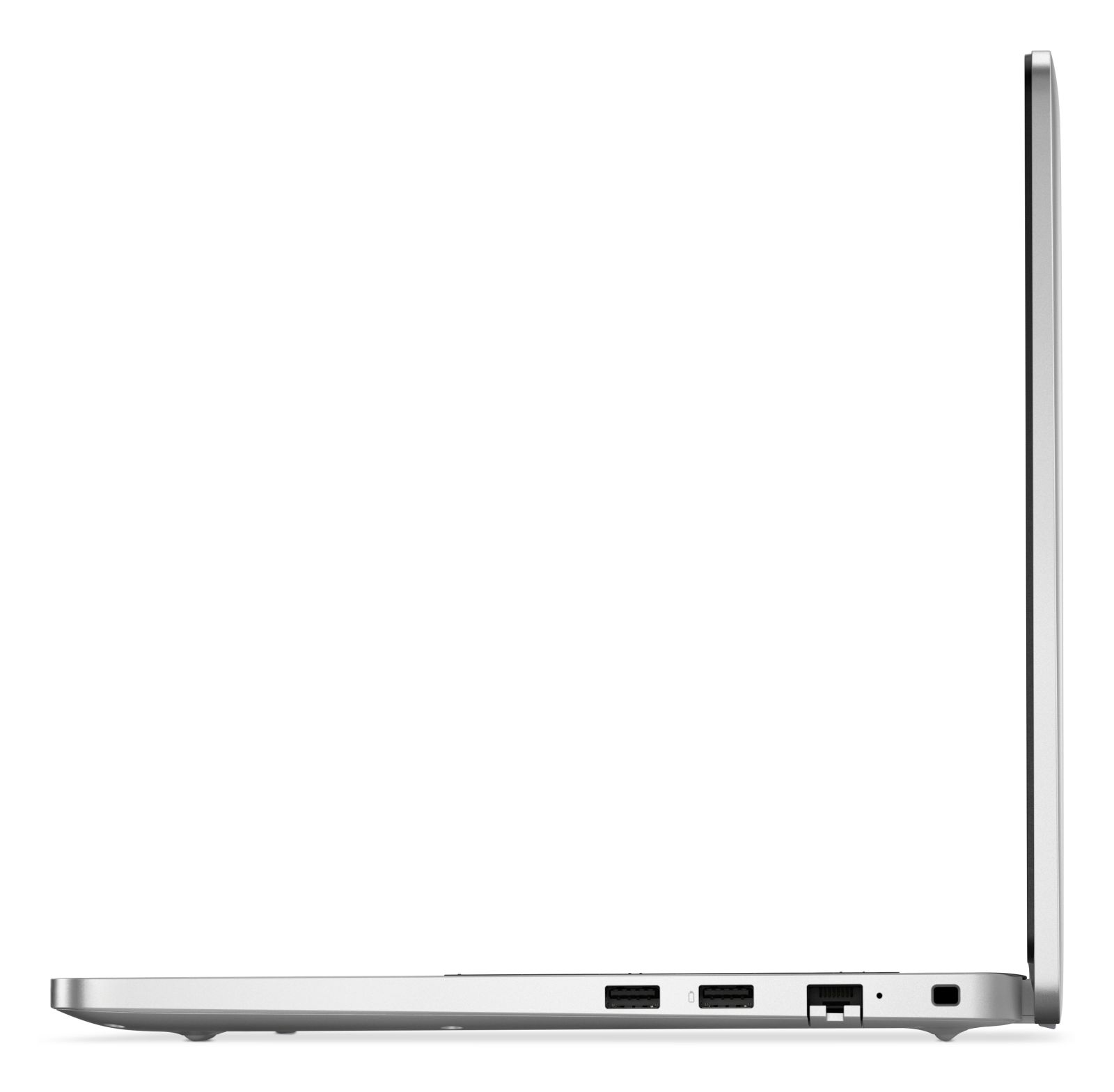 Seitenansicht eines schlanken silbernen Laptops mit sichtbaren Anschlüssen und flachem Design.