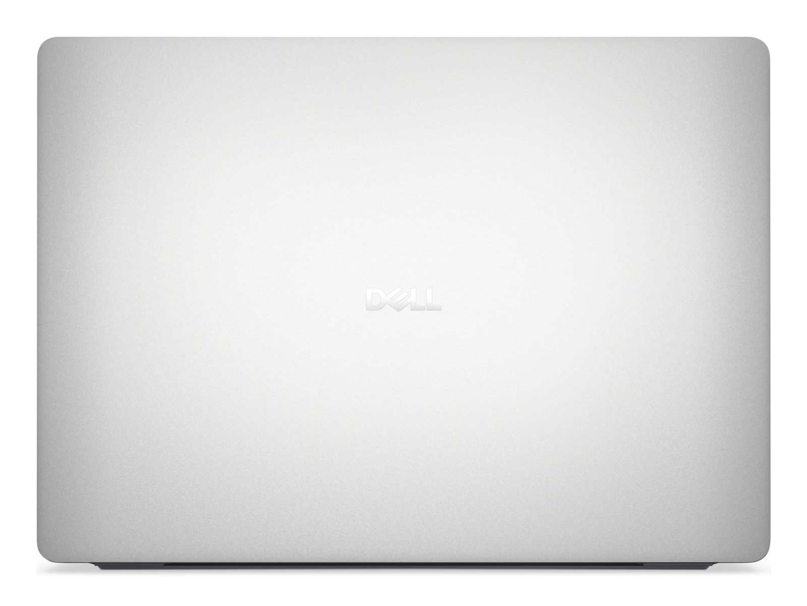 Die silberne Oberseite eines geschlossenen Dell-Laptops mit zentriertem Dell-Logo auf weißem Hintergrund.