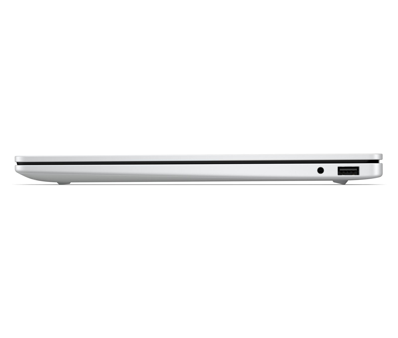 Seitenansicht eines geschlossenen silbernen Laptops mit Audioanschluss und USB-Anschluss.