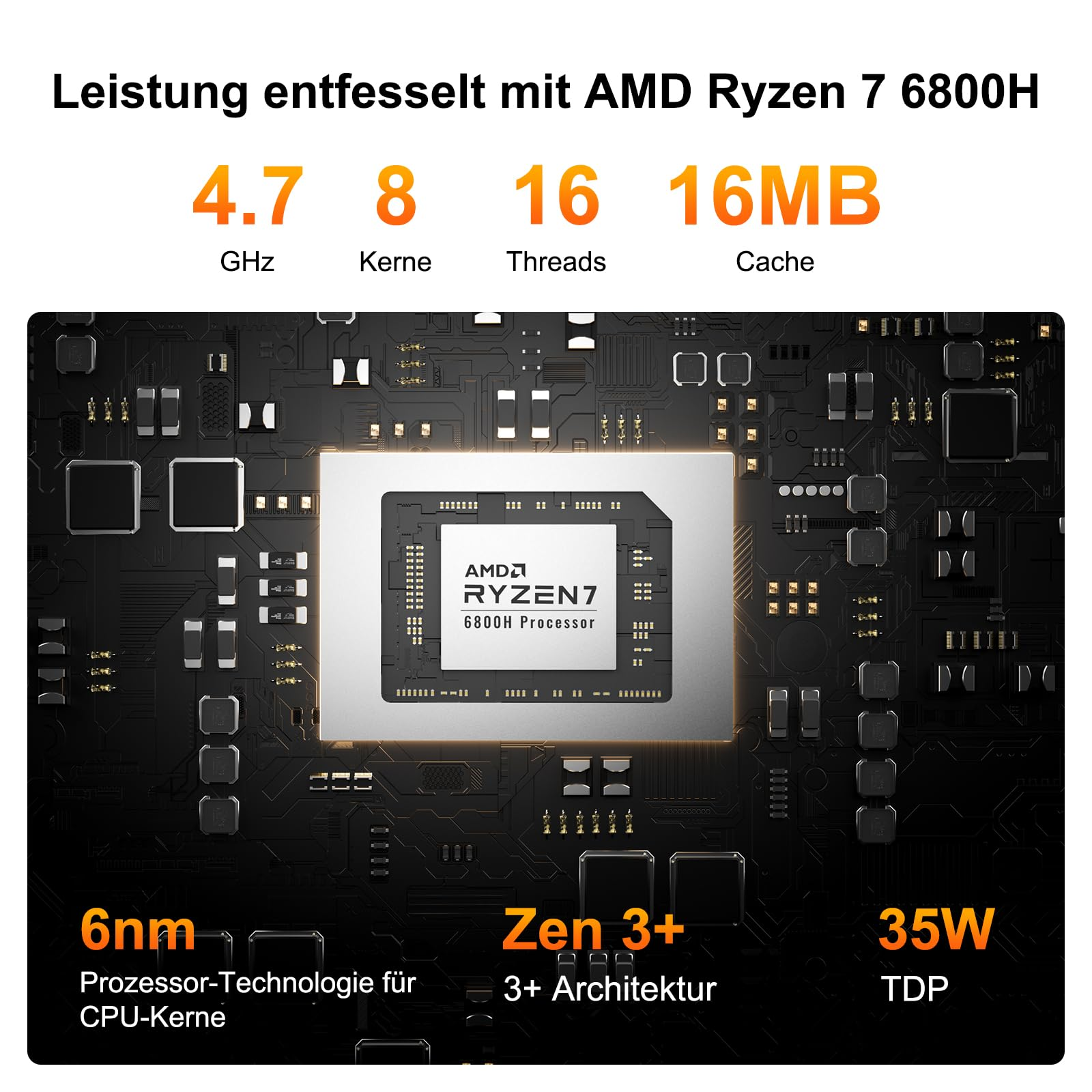 Processeur AMD Ryzen 7 6800H sur circuit imprimé noir avec des specs comme 4,7 GHz, 8 cœurs et 16 Mo de cache.
