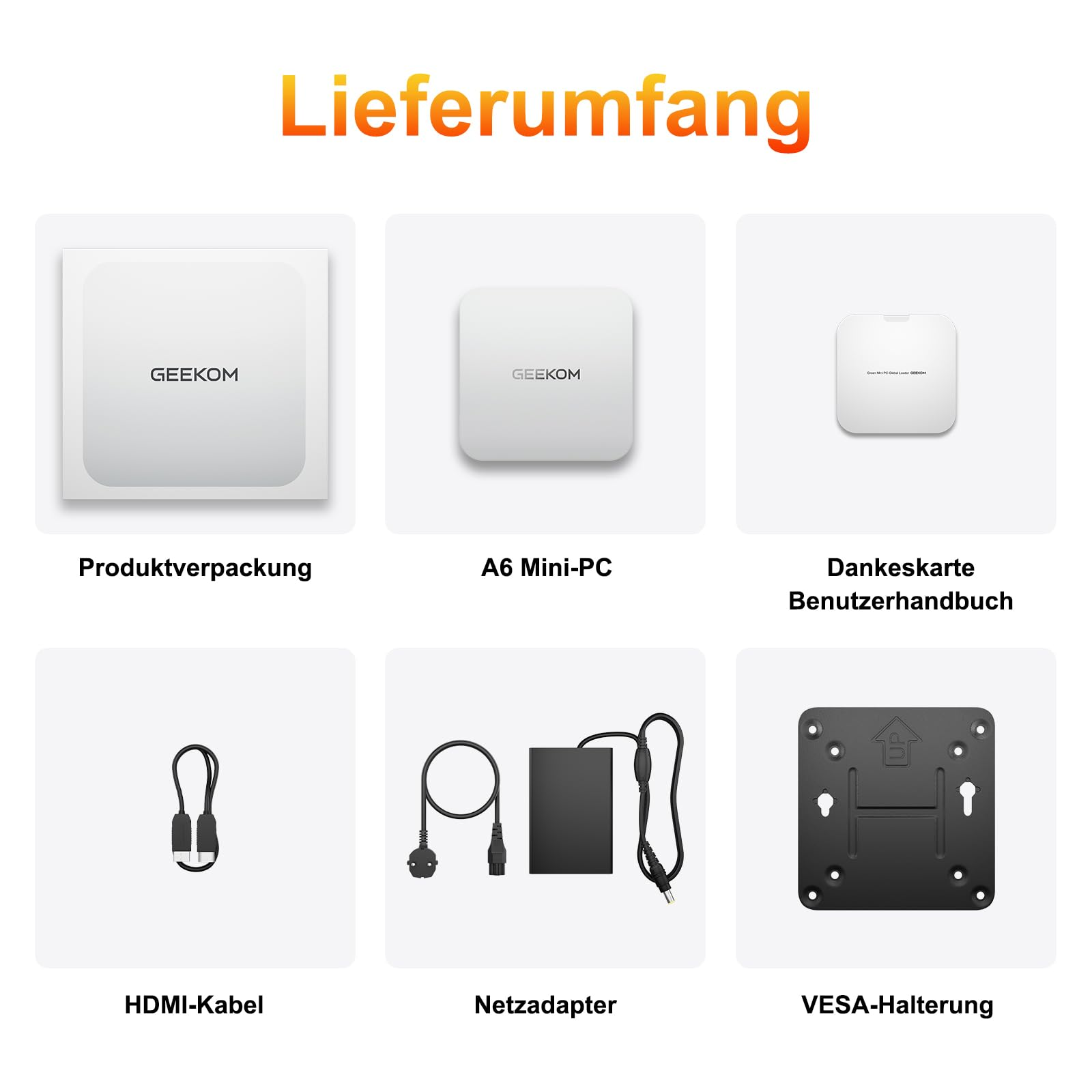 Contenu de l'emballage incluant un mini PC, un adaptateur secteur, un câble HDMI et un support VESA.