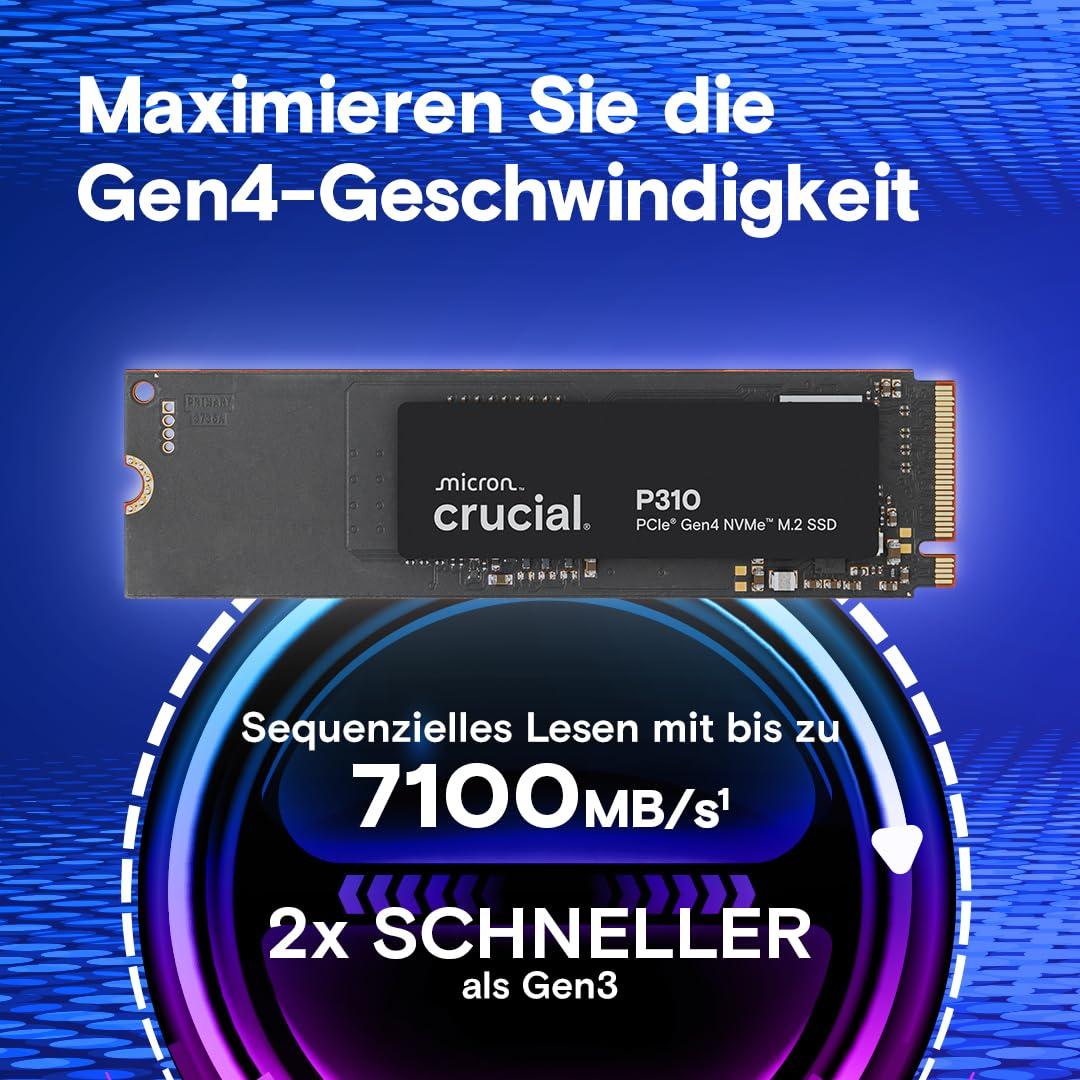 SSD M.2 Crucial P310 su sfondo blu con testo sulla velocità Gen4 e 7100 MB/s.
