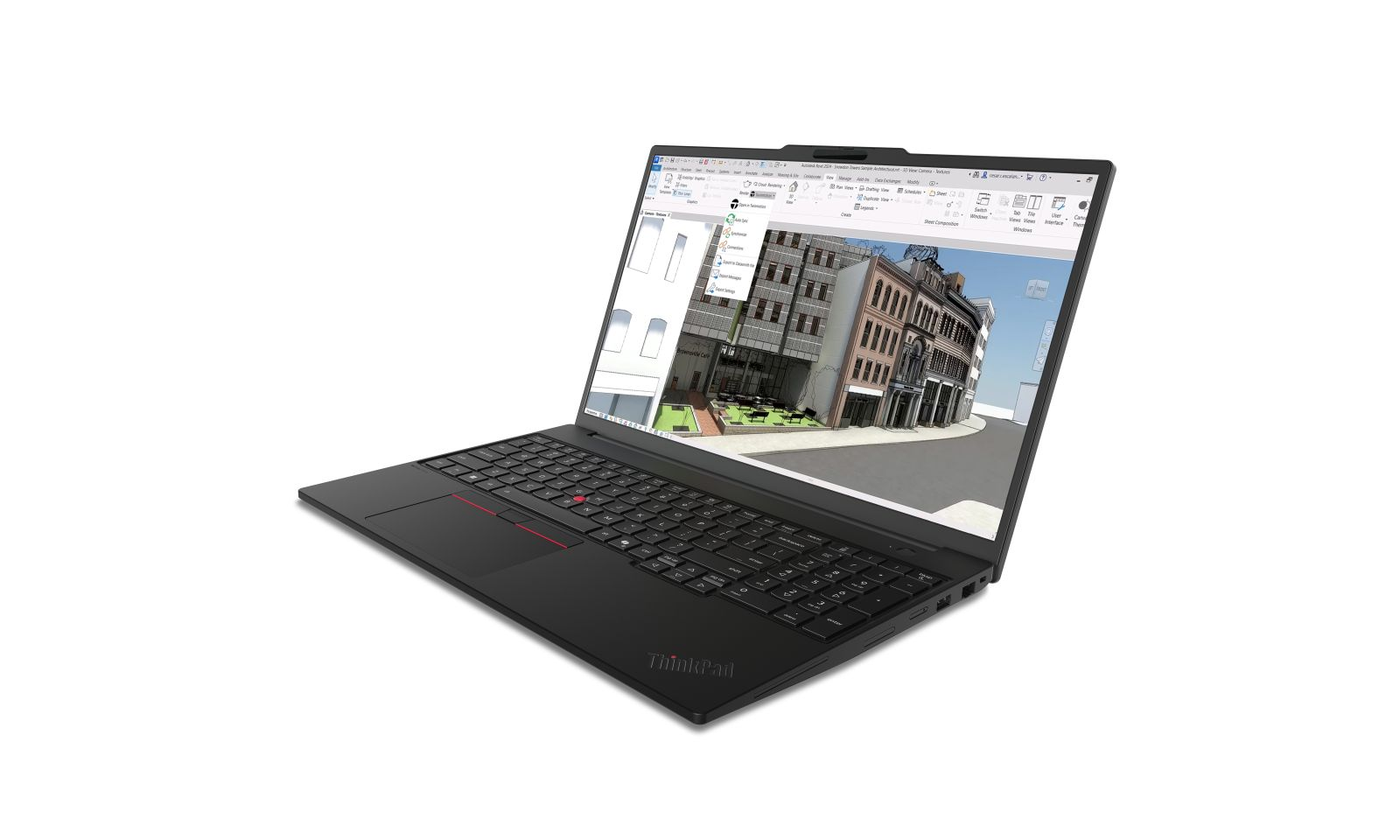 Ein schwarzer Laptop zeigt eine 3D-Architekturrenderung einer Stadtstraße auf dem Bildschirm vor weißem Hintergrund.