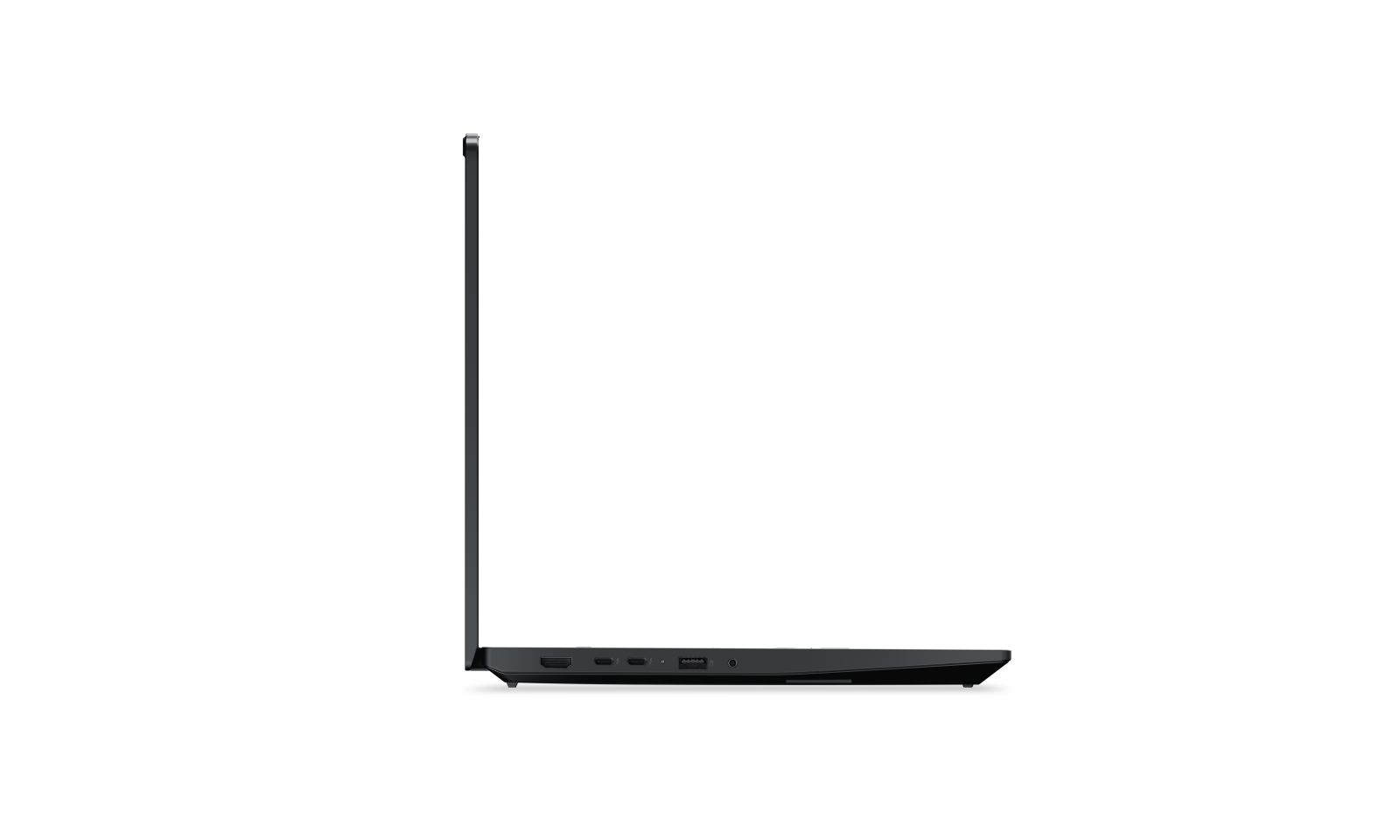 Seitenansicht eines geschlossenen schwarzen Laptops mit sichtbaren Anschlüssen an der Seite.