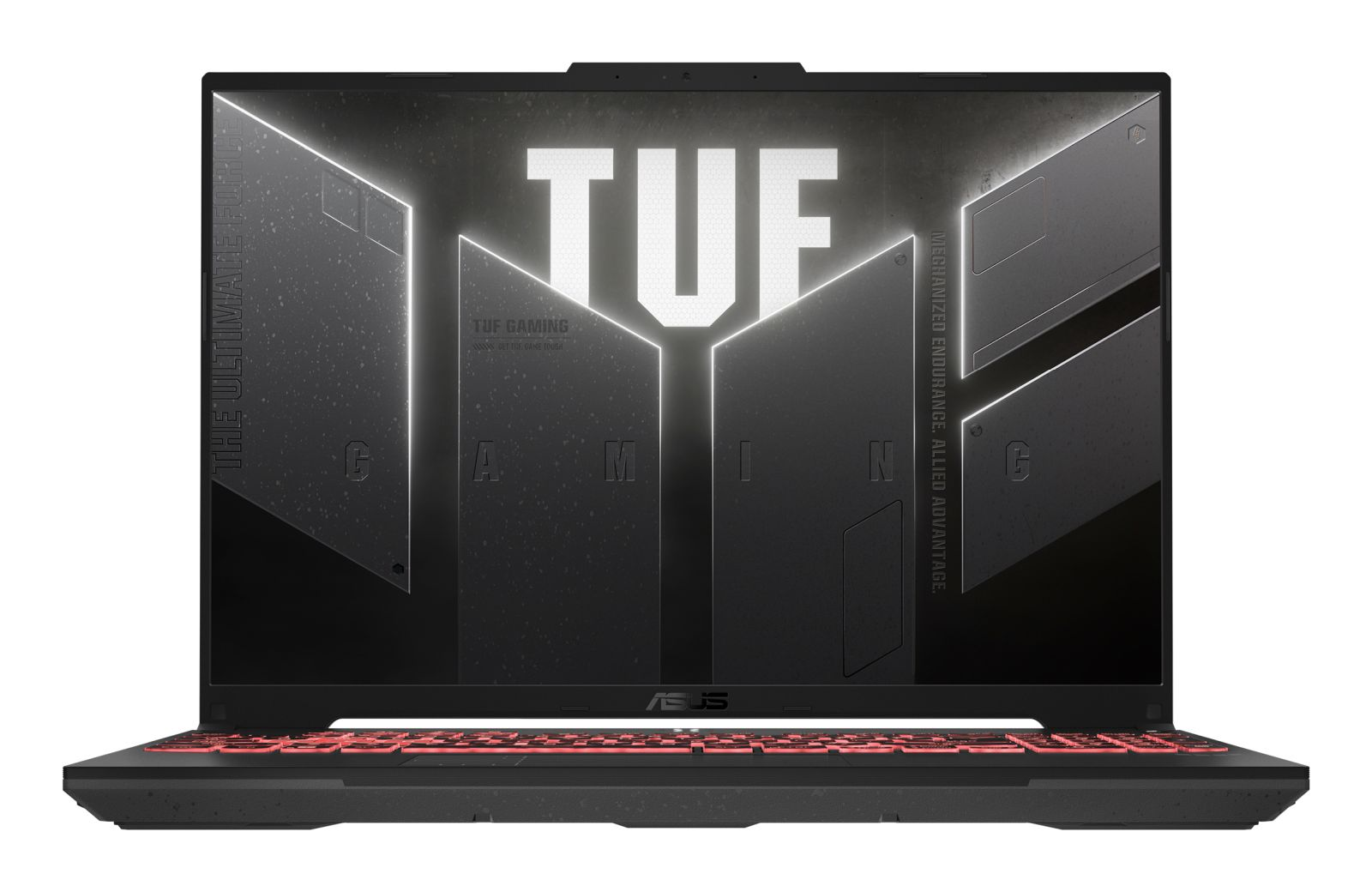 Ein schwarzer Asus TUF Gaming Laptop zeigt den TUF-Schriftzug und rot beleuchtete Tasten auf weißem Hintergrund.