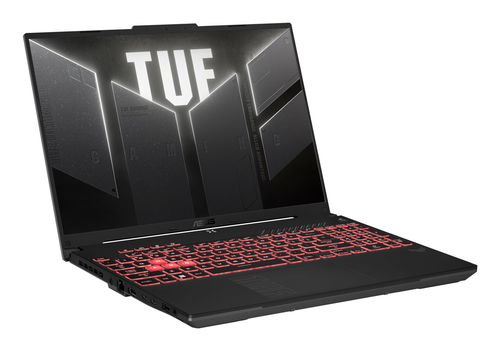 Ein schwarzer Asus TUF Gaming Laptop mit roter Tastaturbeleuchtung und TUF-Logo auf dem Bildschirm.