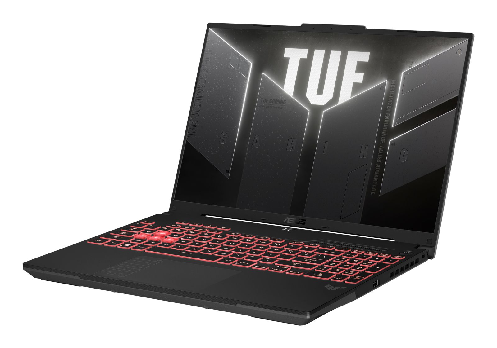 Ein schwarzer Asus Gaming Laptop mit rot beleuchteten Tasten und dem TUF-Logo auf dem Bildschirm vor dunklem geometrischem Hintergrund.