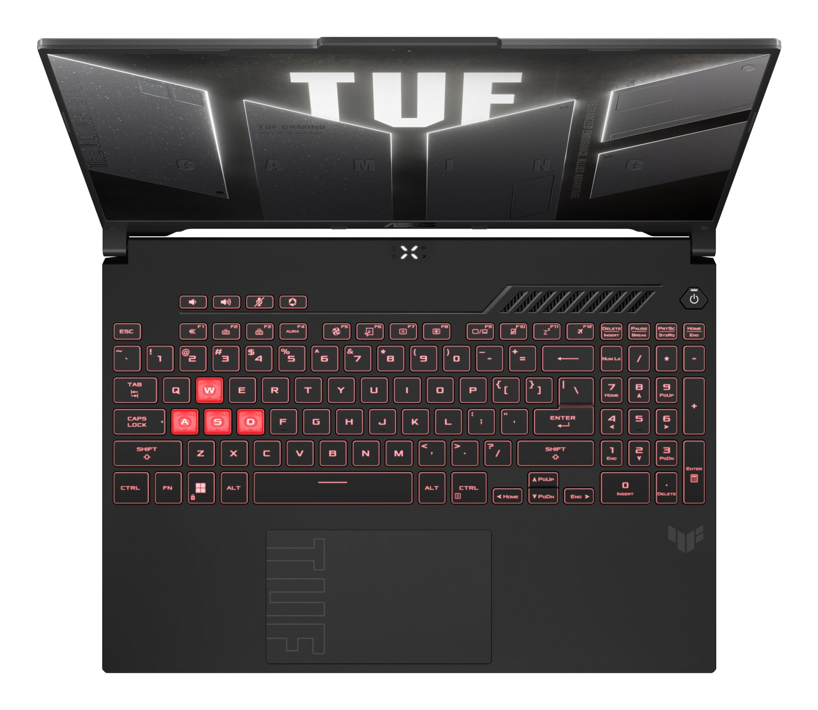 Top-Ansicht eines schwarzen ASUS TUF Gaming-Laptops mit beleuchteter Tastatur und TUF-Logo auf dem Bildschirm.