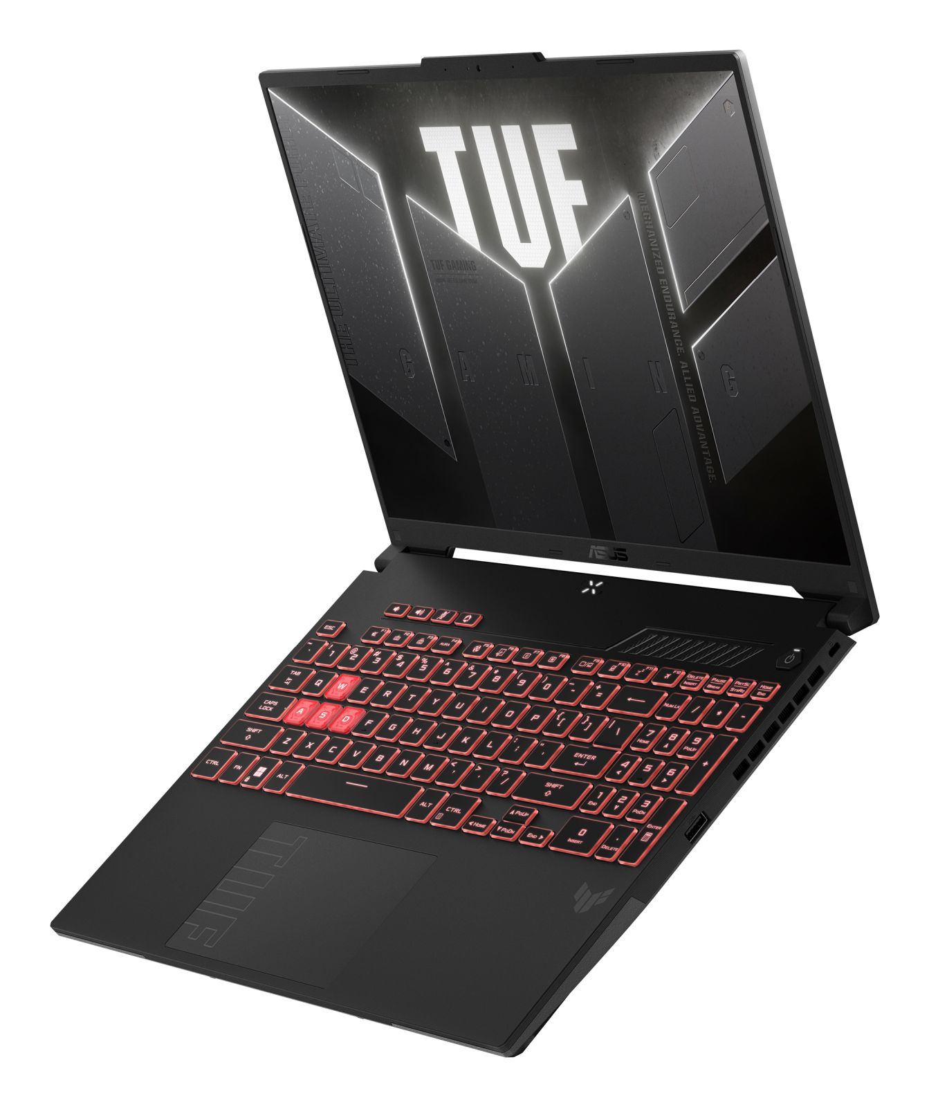 Ein schwarzer Asus TUF Gaming Laptop mit roter Tastaturbeleuchtung und geöffnetem Bildschirm gegen weißen Hintergrund.