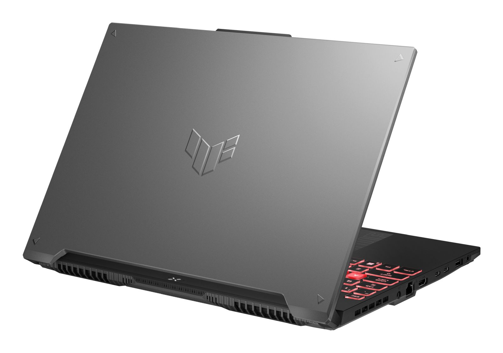 Ein grauer Gaming-Laptop mit geschlossenem Deckel und roter Tastaturbeleuchtung vor weißem Hintergrund.