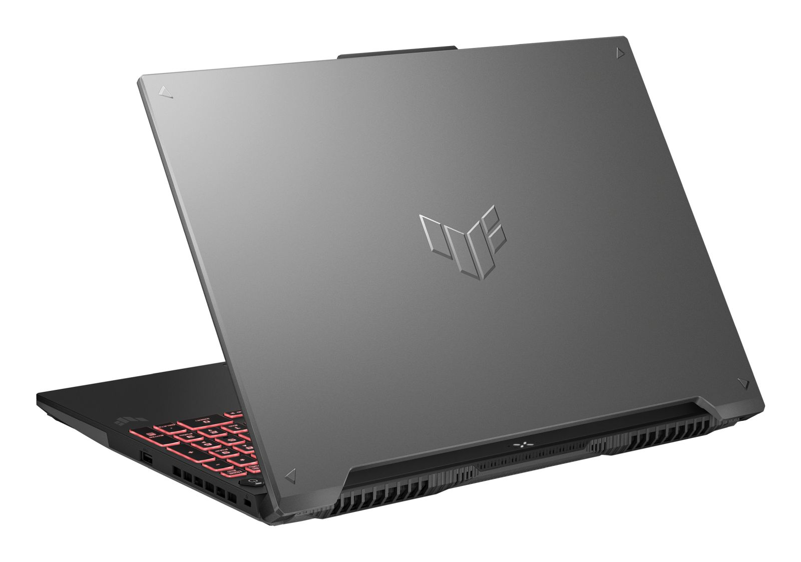 Ein grauer Gaming-Laptop mit geschlossenem Deckel, silbernem Logo und rot beleuchteter Tastatur auf weißem Grund.