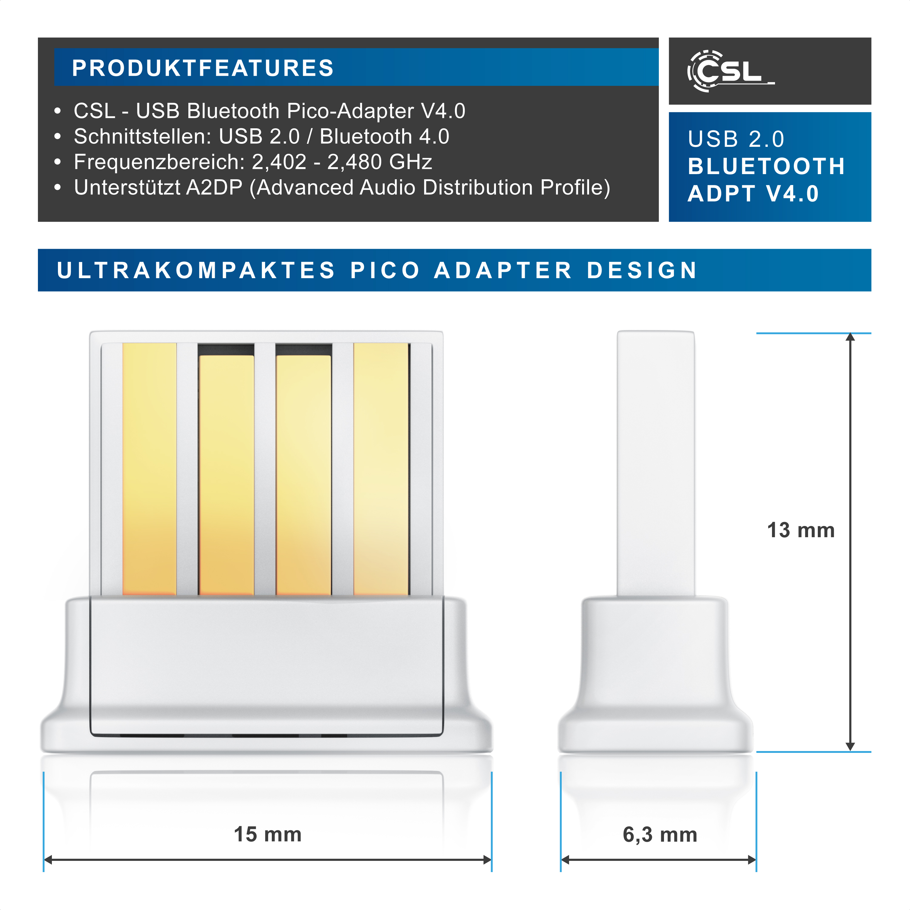 Technische Details und Maße des CSL USB Bluetooth Pico-Adapters V4.0 mit Front- und Seitenansicht.