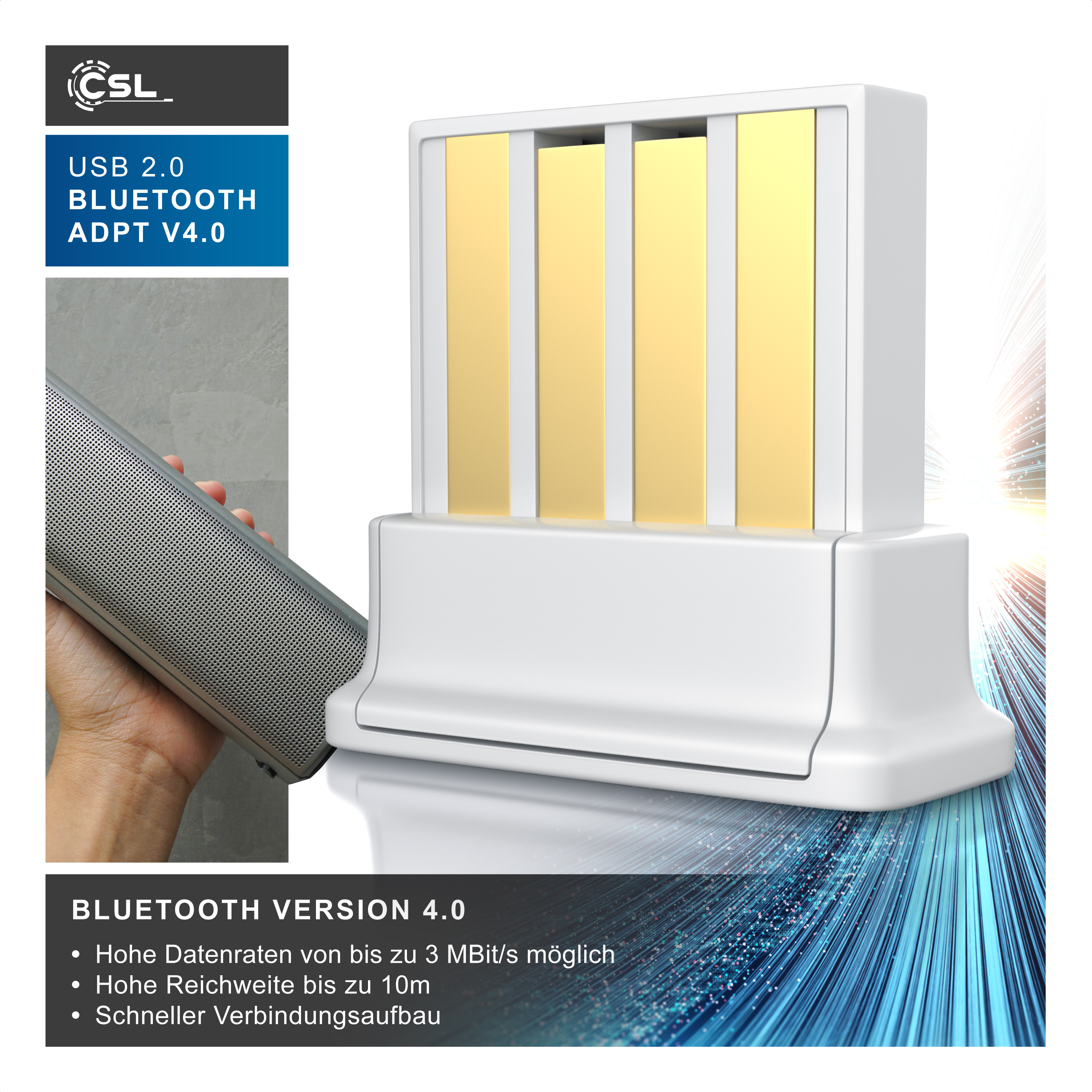 CSL USB 2.0 Bluetooth Adapter v4.0 mit weißm Gehäuse und goldenen Kontakten.