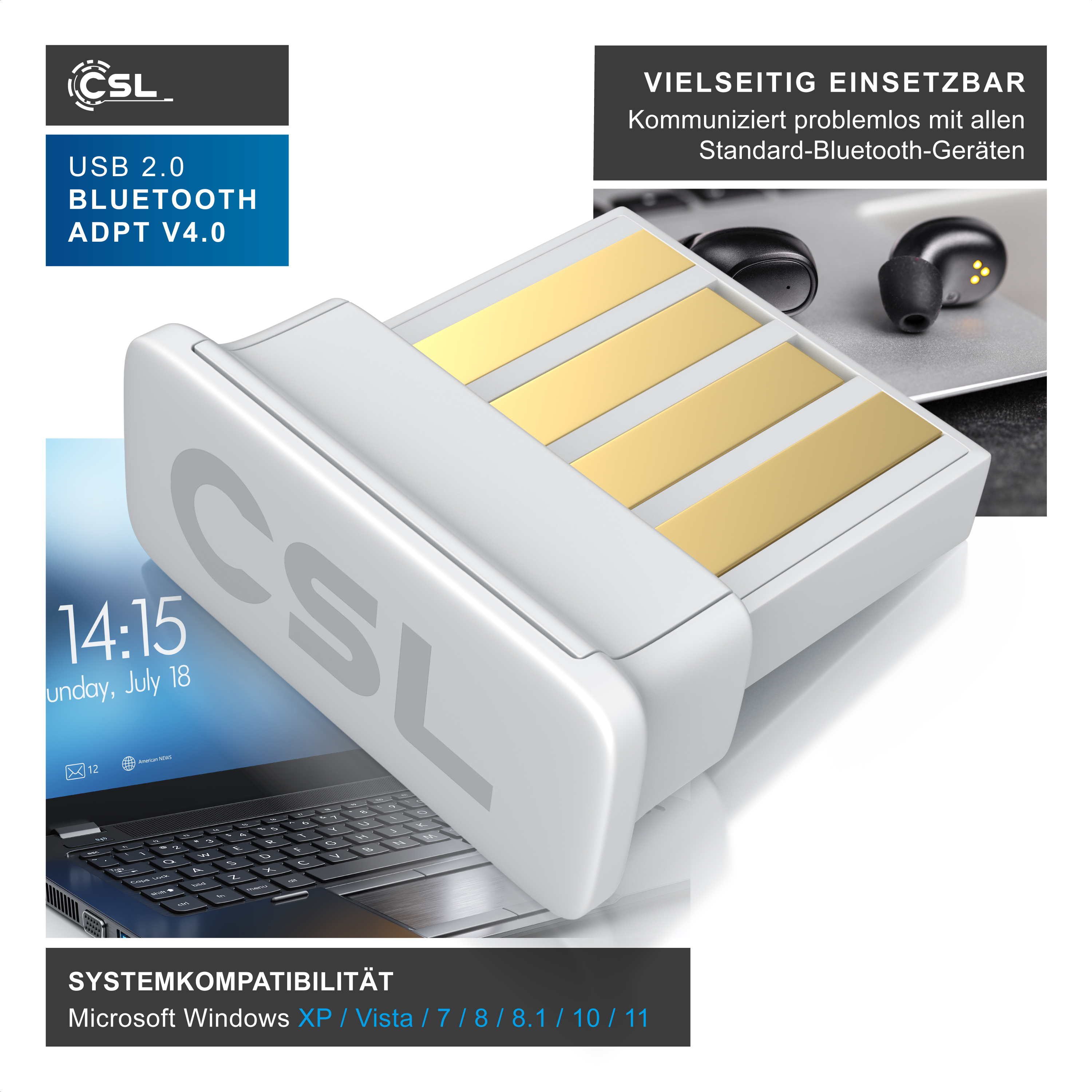 CSL USB 2.0 Bluetooth-Adapter V4.0 mit Laptop-Hintergrund.