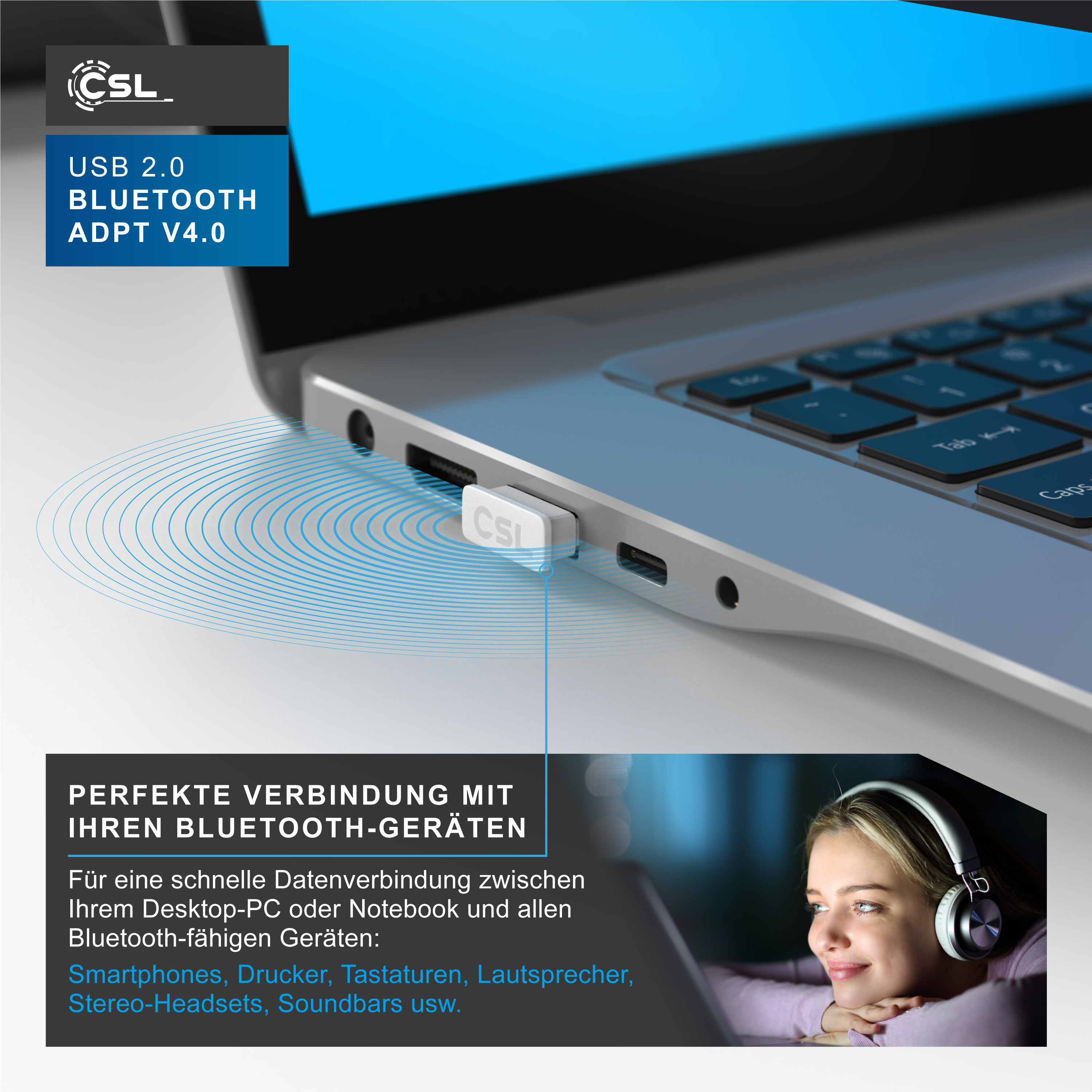 Ein kleiner CSL Bluetooth-Adapter steckt in einem Laptop, mit Text für perfekte Verbindung zu Bluetooth-Geräten.