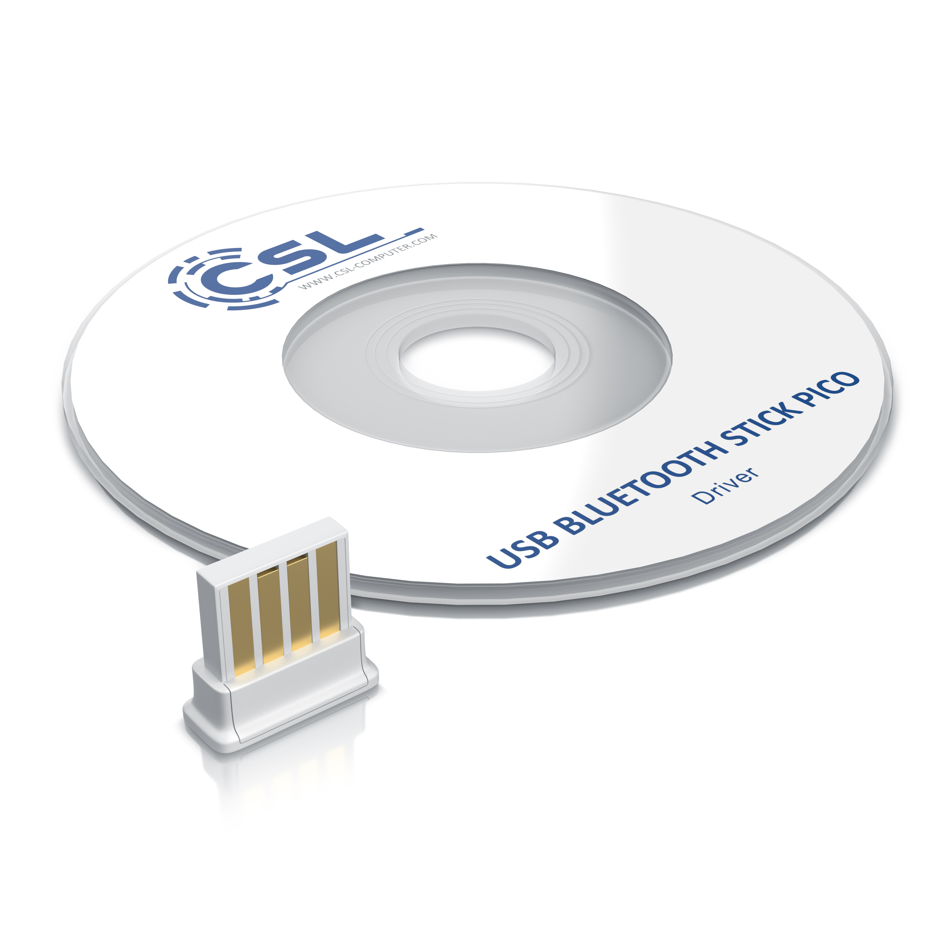 Ein weißer USB-Bluetooth-Stick Pico mit goldenen Kontakten neben seiner Treiber-CD vor weißem Hintergrund.