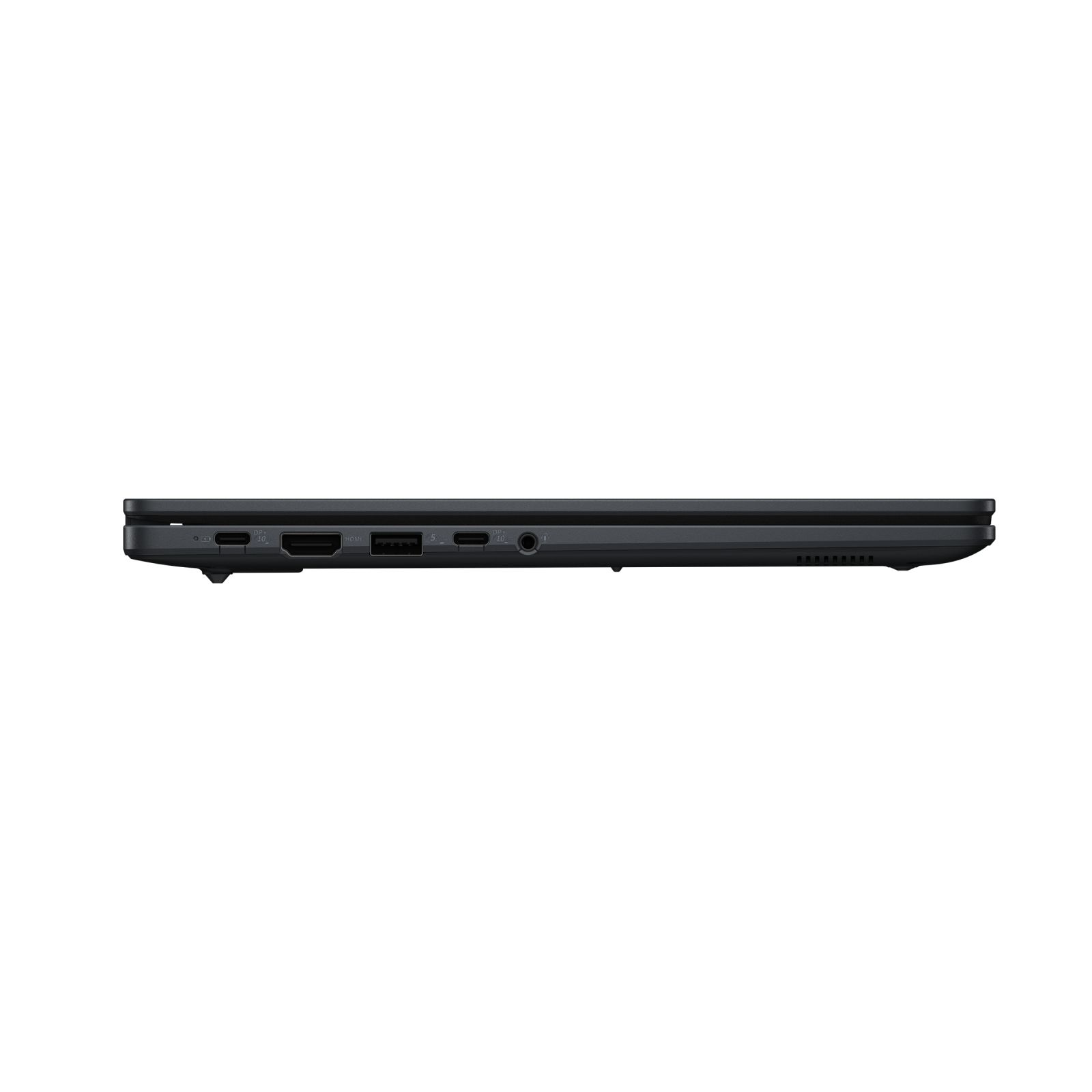Seitenansicht eines schwarzen Laptops mit USB-C-, HDMI- und USB-Anschlüssen.