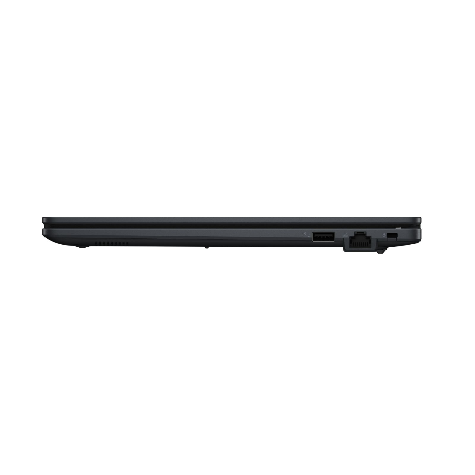Seitenansicht eines geschlossenen dunklen Laptops mit USB- und LAN-Anschlüssen auf weißem Hintergrund.