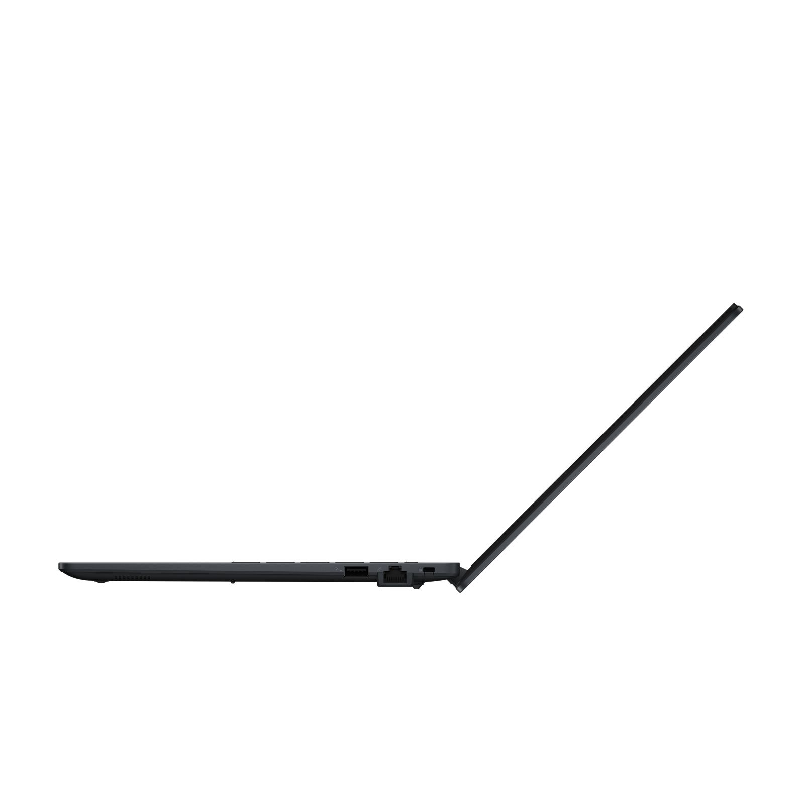 Seitenansicht eines geschlossenen dunklen Laptops vor weißem Hintergrund.
