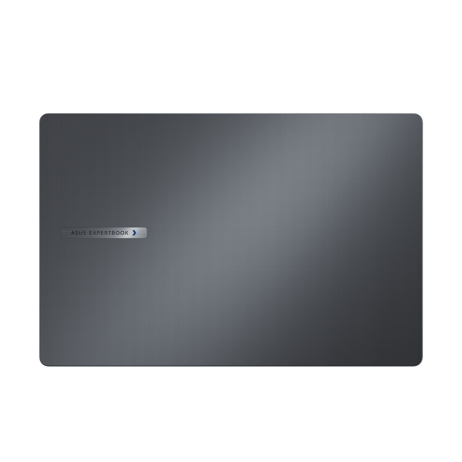 Die dunkle, strukturierte Oberfläche eines geschlossenen Asus ExpertBook Laptops mit silbernem Markenlogo links.