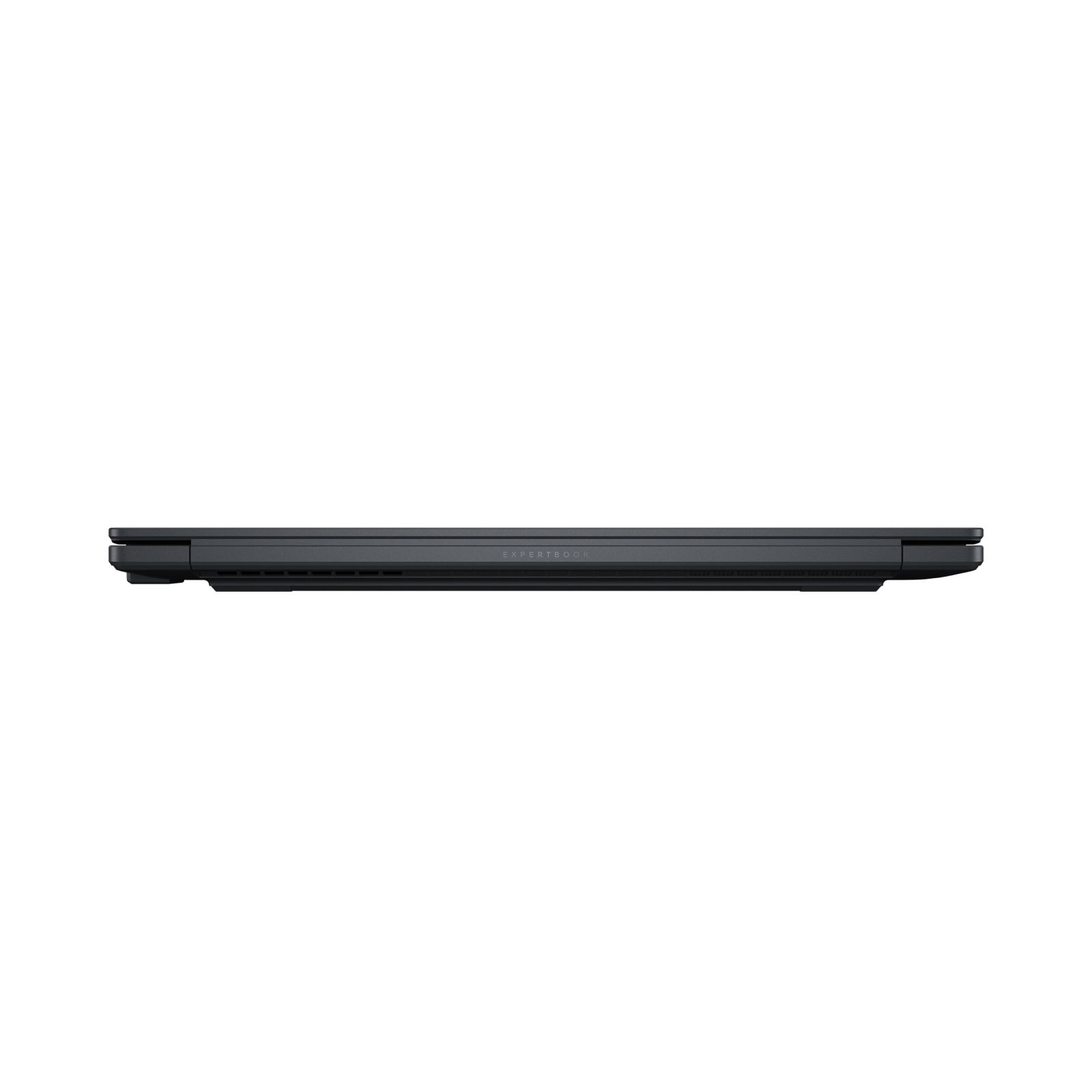 Geschlossener schwarzer Laptop von hinten, mit der Aufschrift EXPERTBOOK auf dem Gehäuse.
