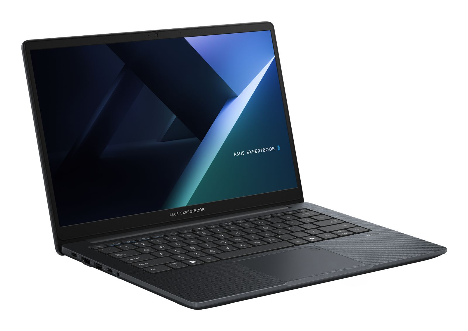 Ein schwarzes Asus ExpertBook Laptop öffnet sich auf weißem Grund mit blauem abstrakten Hintergrundbild.
