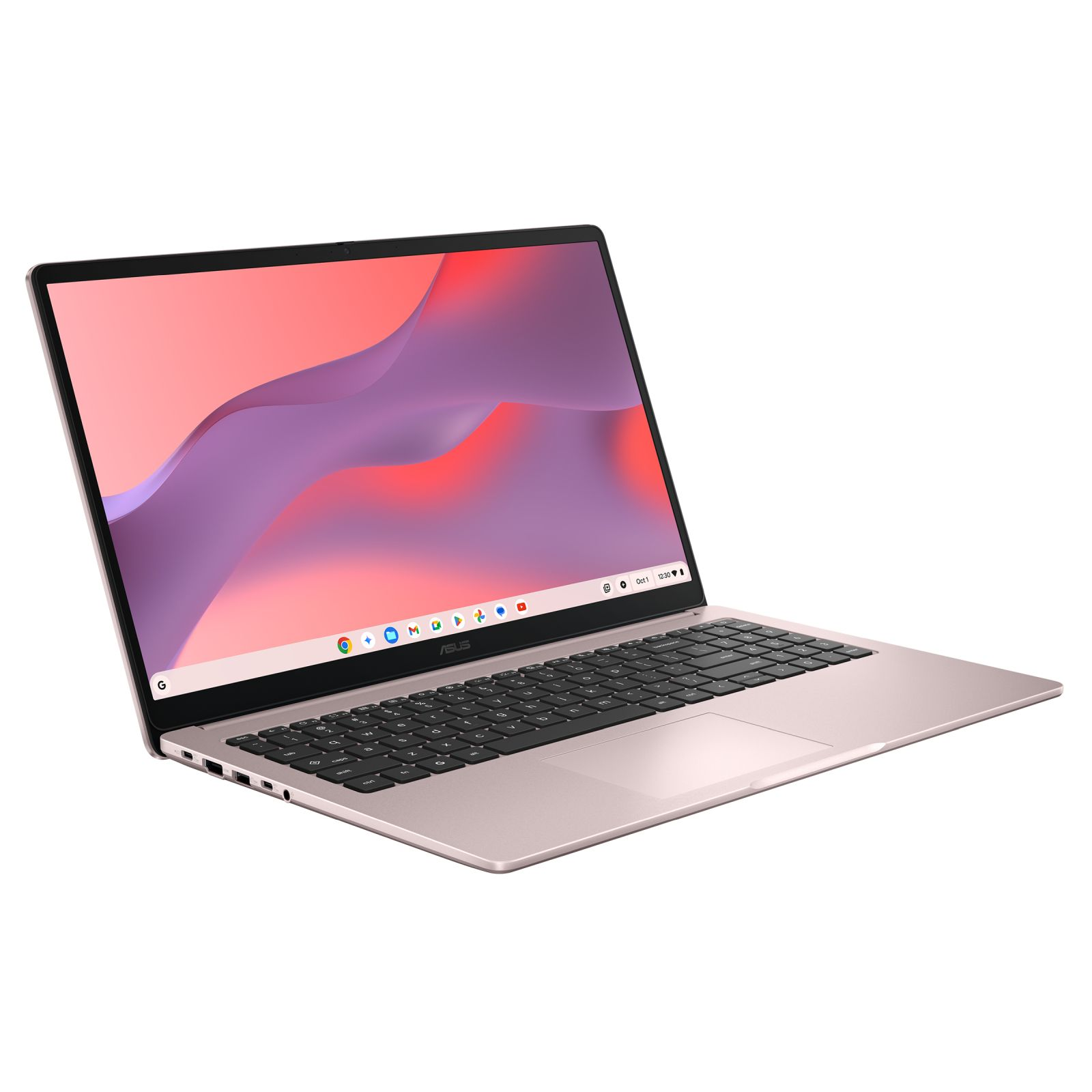 Ein rosafarbener Asus Chromebook Laptop auf weißem Hintergrund mit farbigem Hintergrundbild und schwarzer Tastatur.