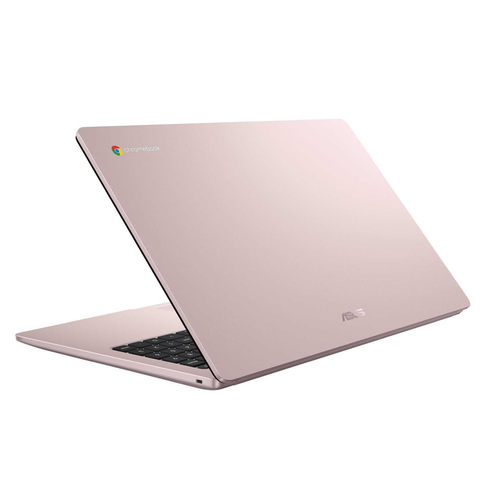 Ein roségoldener ASUS Chromebook Laptop mit geschlossener Ansicht auf weißem Hintergrund.