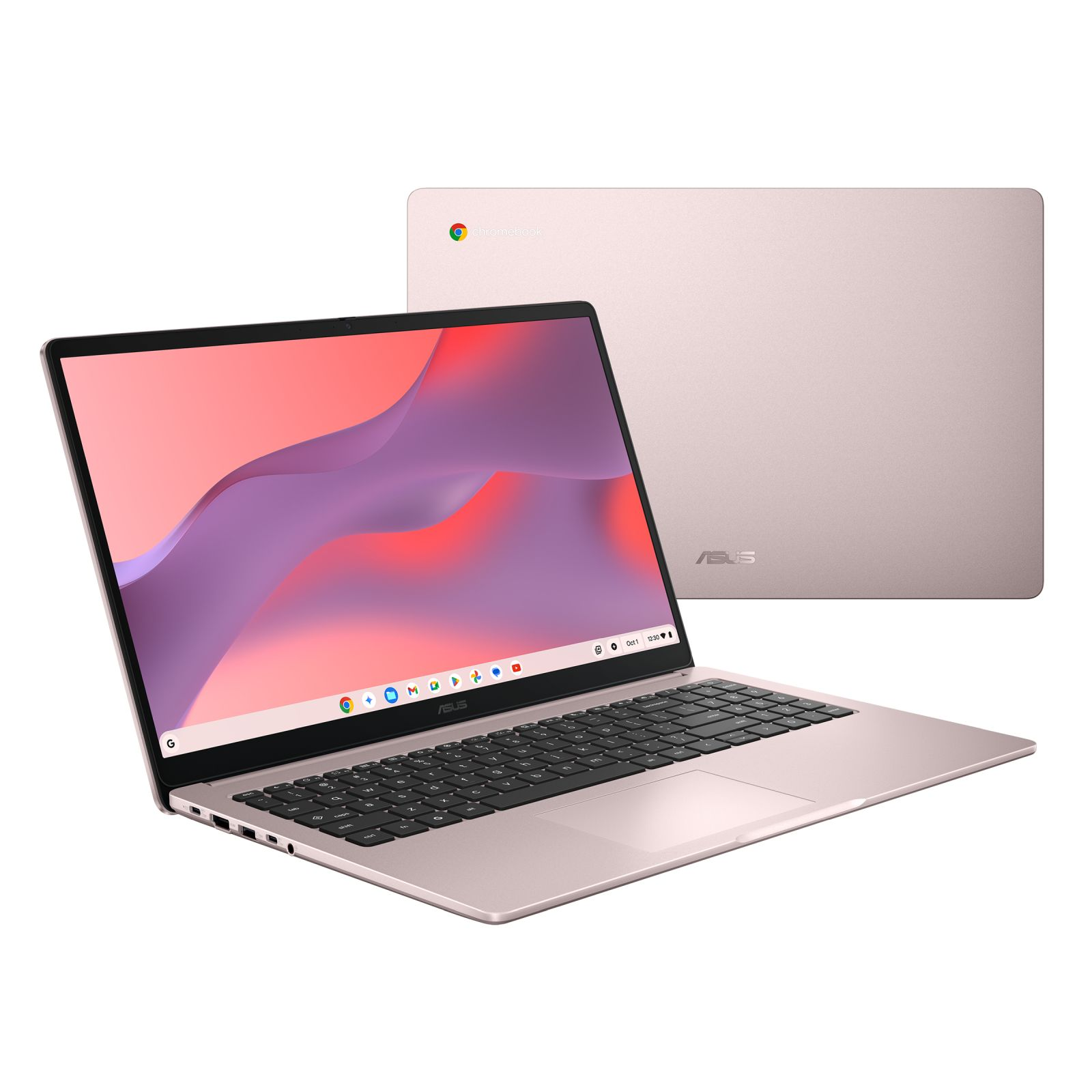 Ein roségoldener ASUS Chromebook Laptop mit geöffnetem Bildschirm und Blick auf die geschlossene Rückseite.
