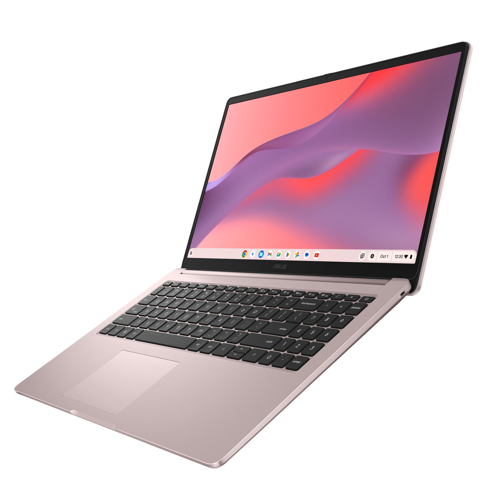 Ein rosafarbener Asus-Laptop mit schwarzer Tastatur ist geöffnet und zeigt ein buntes abstraktes Hintergrundbild.
