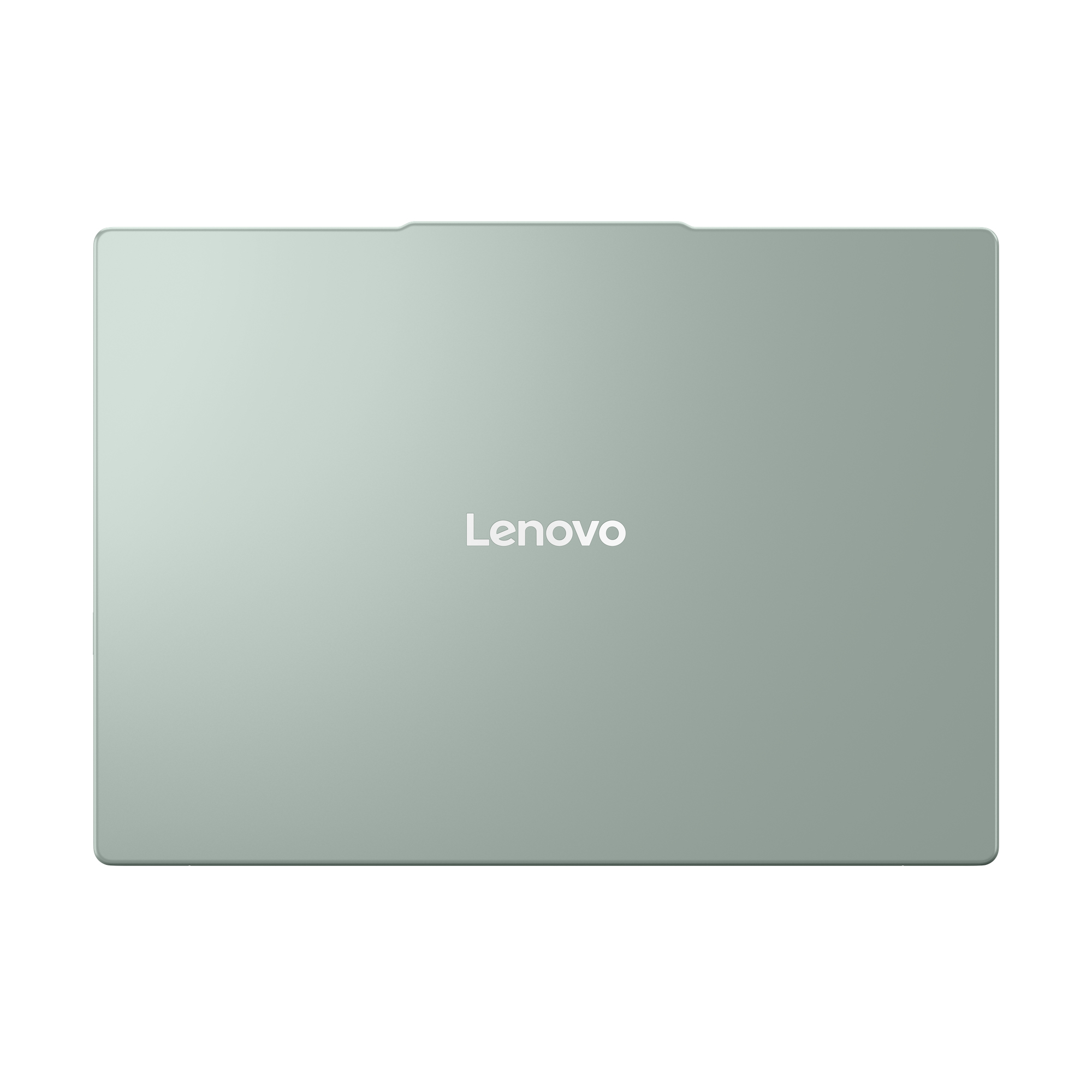 Ein geschlossener, salbeigrüner Laptop mit weißem Lenovo-Logo mittig auf dem Deckel vor weißem Hintergrund.