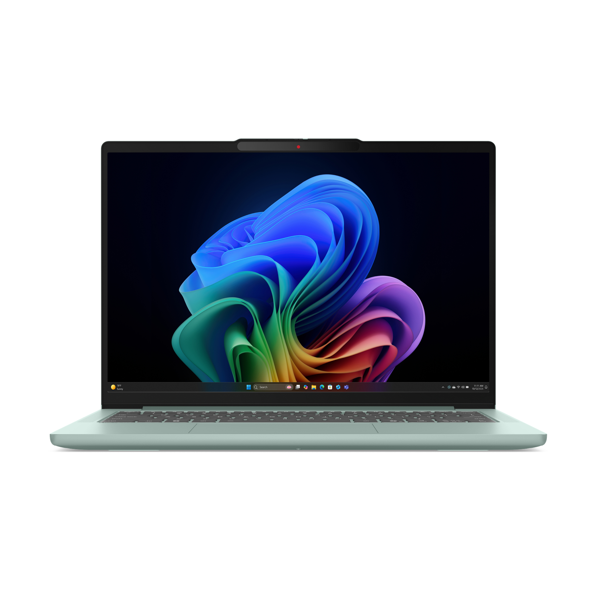 Ein grüner Laptop mit einer bunten abstrakten Windows-11-Blume auf dem Bildschirm vor weißem Hintergrund.