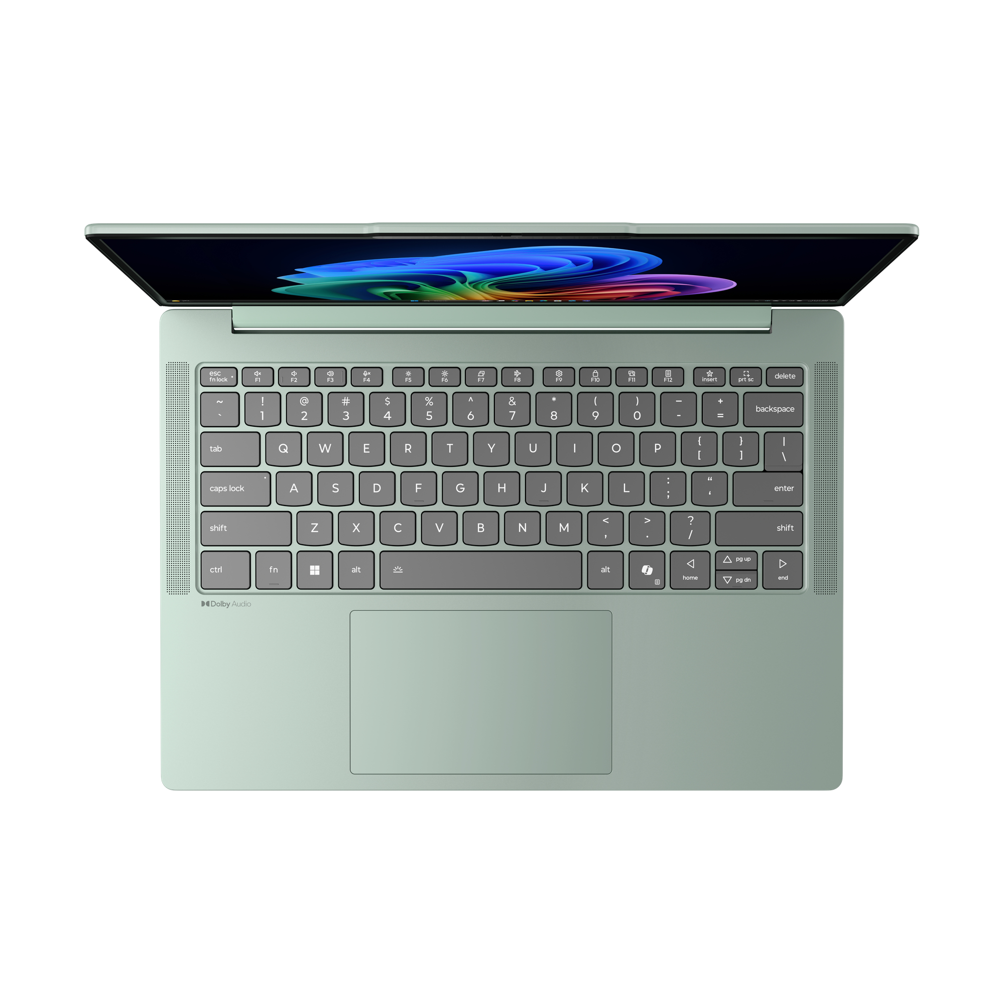 Draufsicht auf einen hellgrünen Laptop mit grauer Tastatur und Trackpad sowie einem bunten Hintergrundbild.