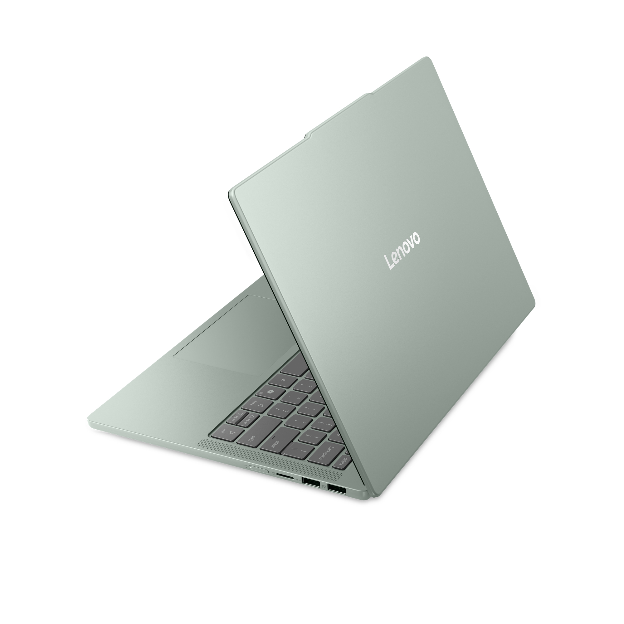 Ein offener, hellgrüner Lenovo-Laptop steht auf einer weißen Oberfläche und zeigt die Tastatur und das geschlossene Display.