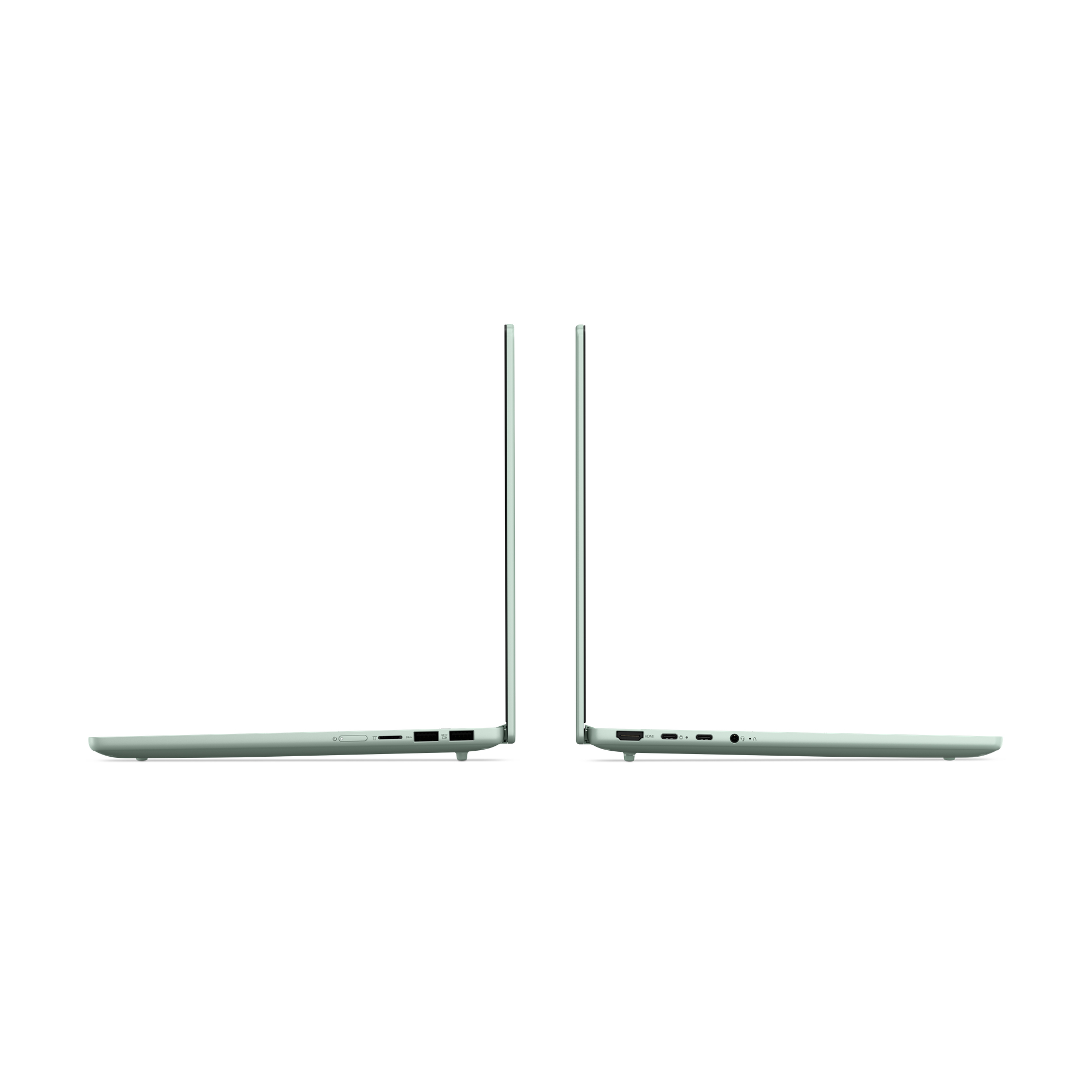 Seitenansicht eines hellgrünen Laptops mit sichtbaren Anschlüssen und dünnem Design.