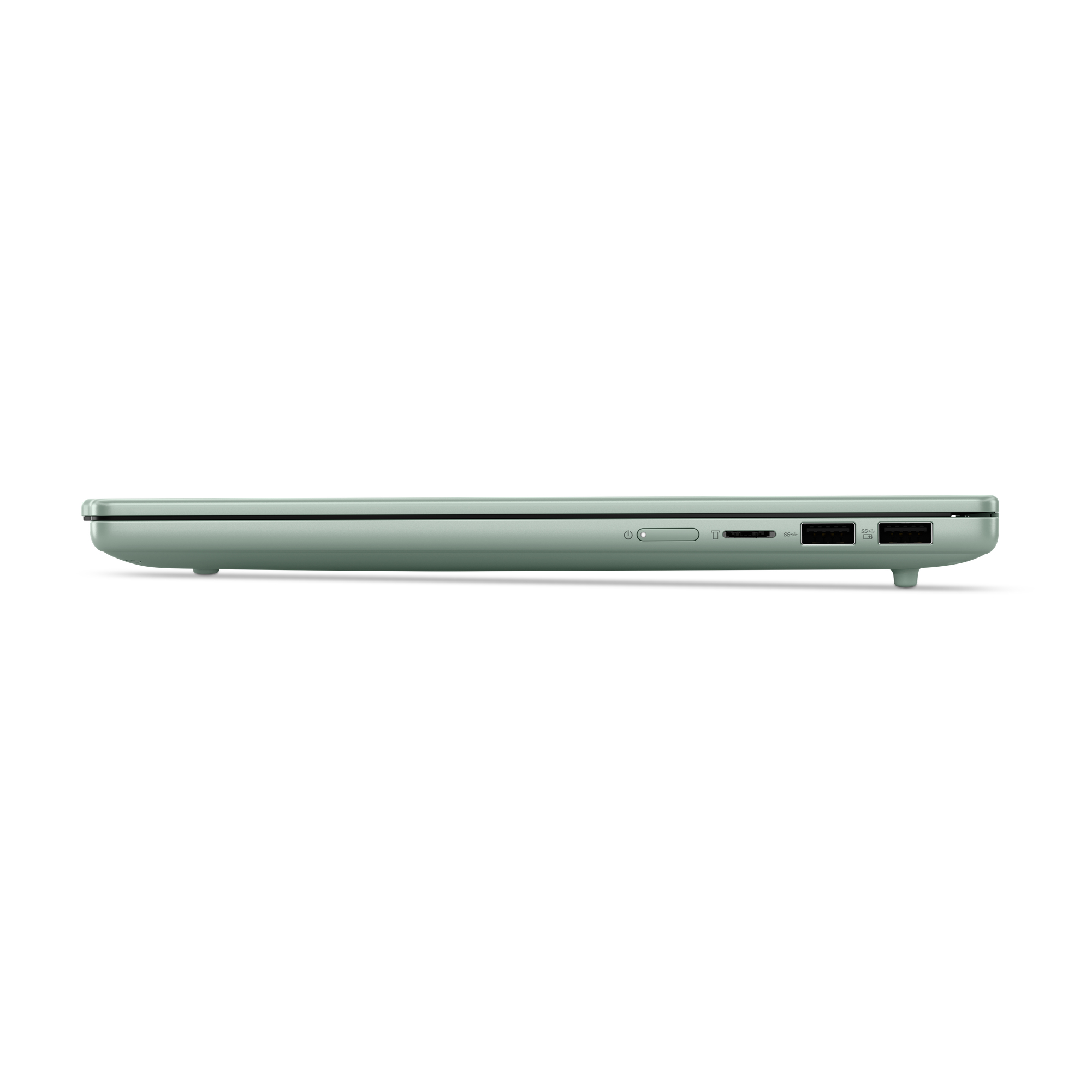 Seitenansicht eines mintgrünen Laptops mit Anschlüssen auf weißem Hintergrund.