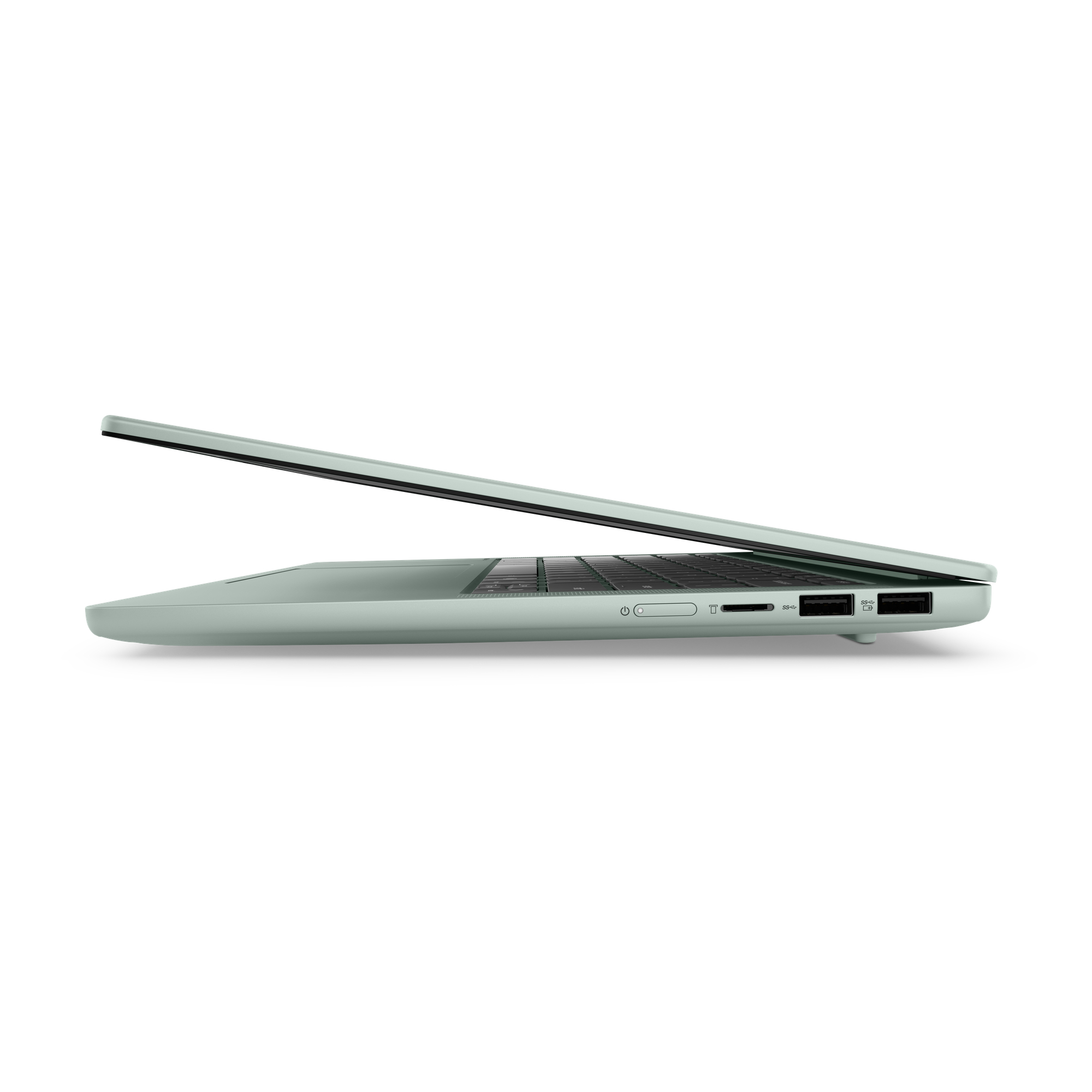 Ein hellgrüner Laptop in der Seitenansicht zeigt Ports auf der rechten Seite und das geschlossene Display.