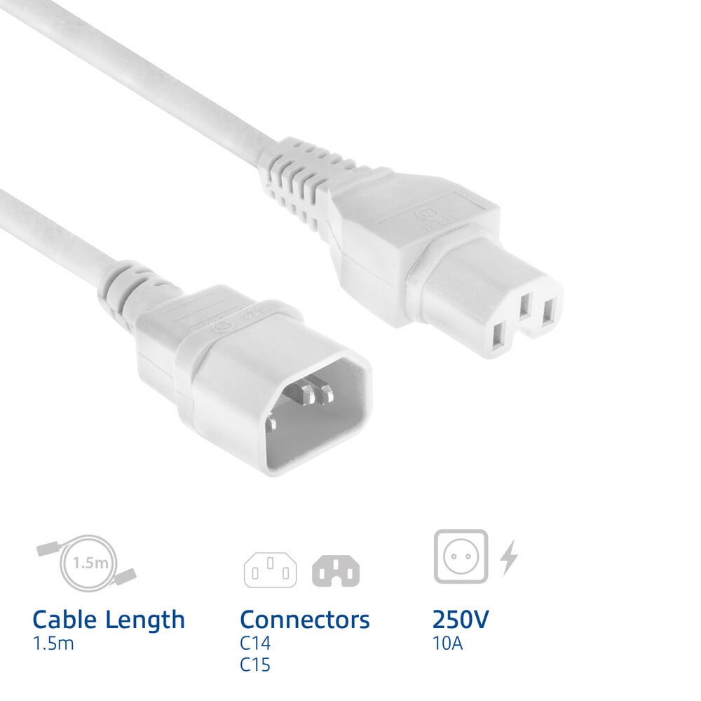 Weißes Netzkabel mit 1,5m Länge, C14- und C15-Anschlüssen, 250V und 10A.