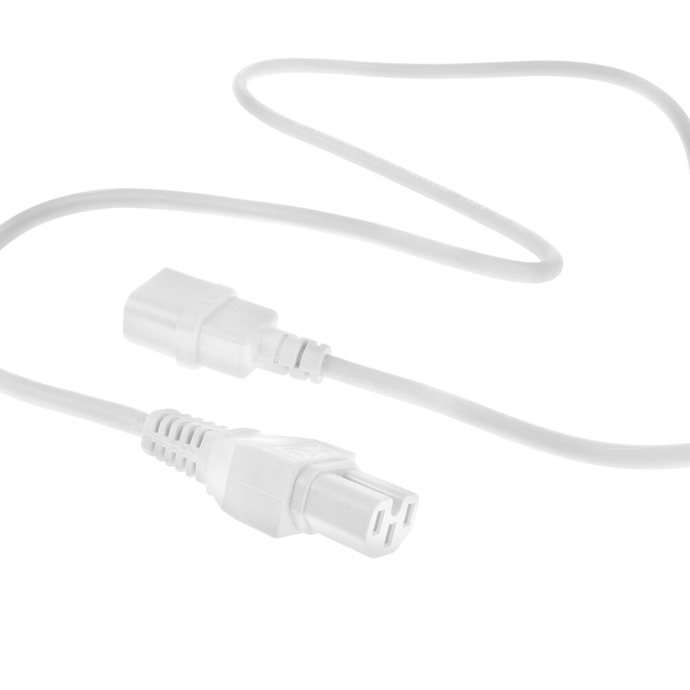 Ein weißes Netzkabel mit zwei Anschlüssen vor weißem Hintergrund.