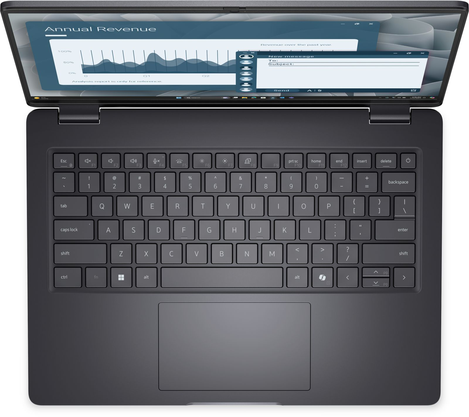 Draufsicht auf einen schwarzen Laptop mit geöffnetem Bildschirm, der Grafiken und eine geöffnete E-Mail zeigt.
