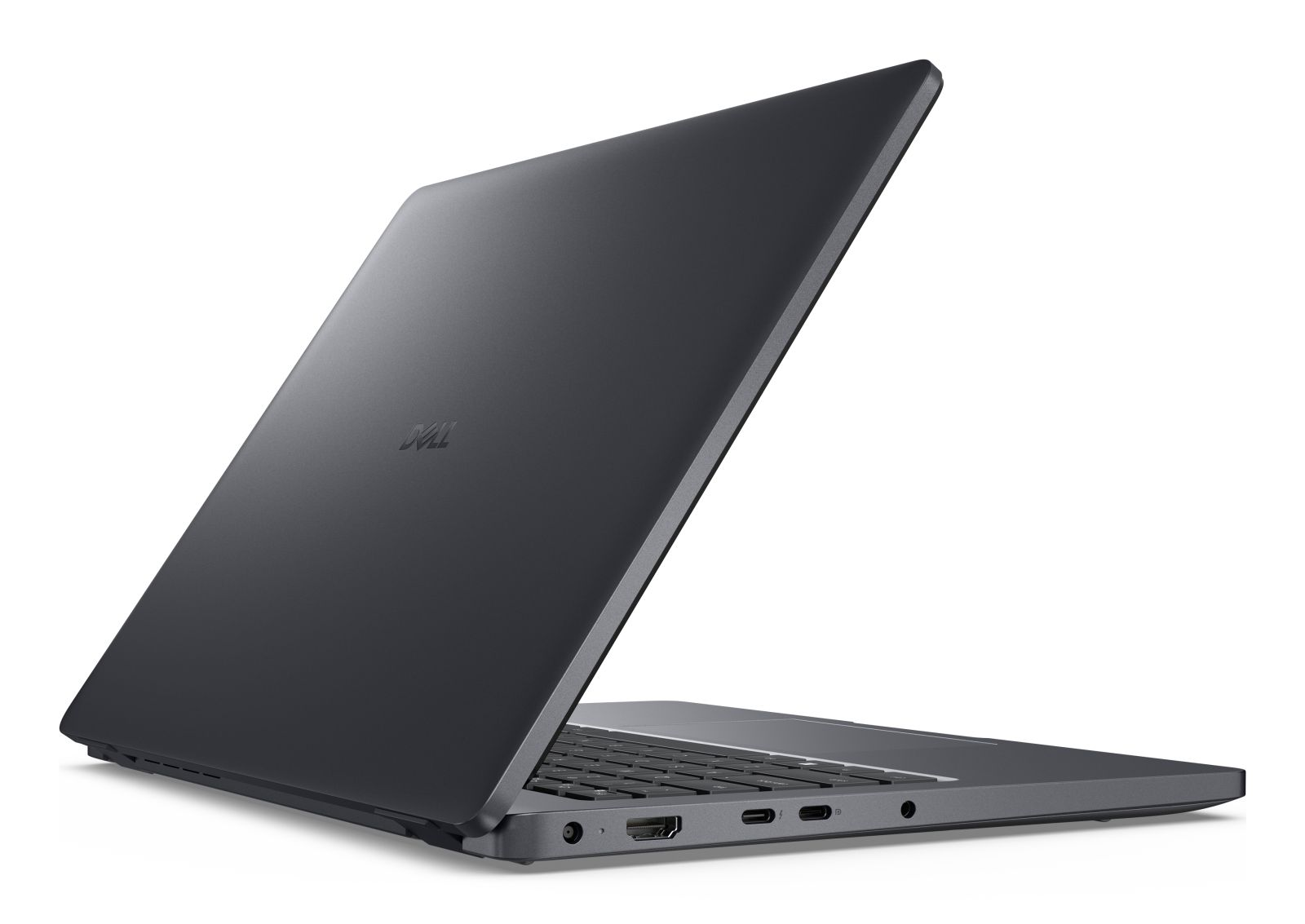 Ein grauer Dell Laptop steht offen auf weißem Hintergrund, seitlich fotografiert mit sichtbaren Anschlüssen.