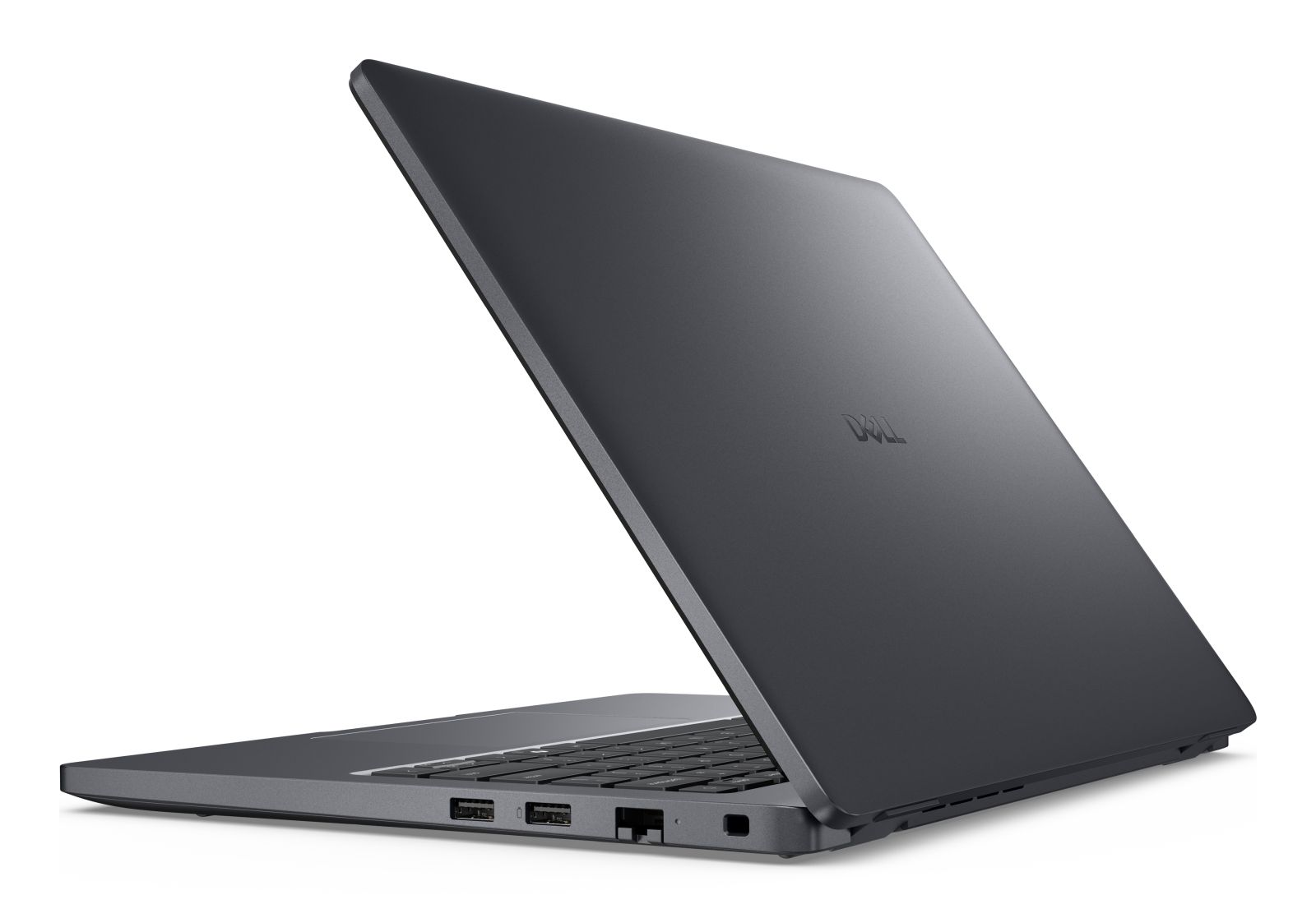 Ein grauer Dell Laptop mit geöffnetem Bildschirm zeigt Anschlüsse an der Seite auf weißem Hintergrund.
