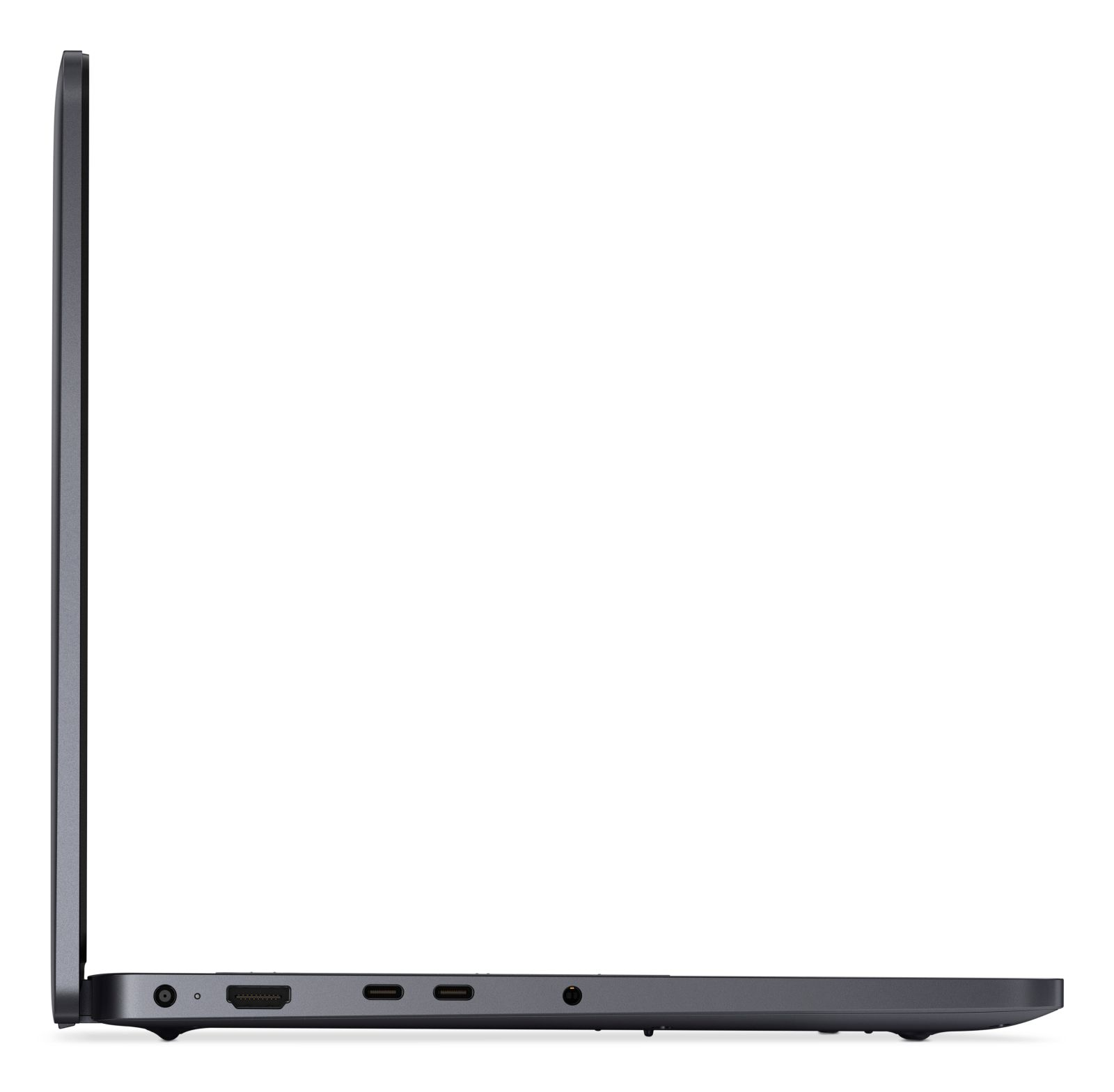 Seitenansicht eines geschlossenen dunklen Laptops mit Anschlüssen auf einer weißen Fläche.