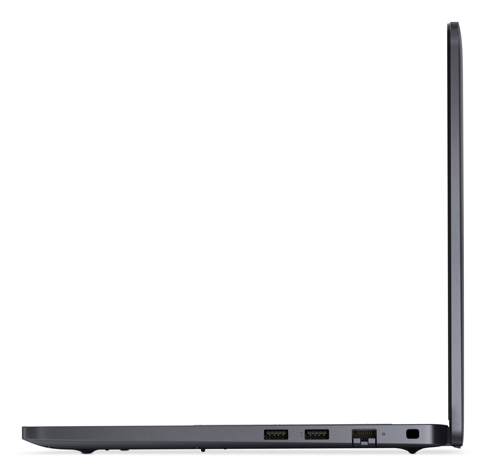 Seitenansicht eines geschlossenen dunklen Laptops mit sichtbaren Anschlüssen.