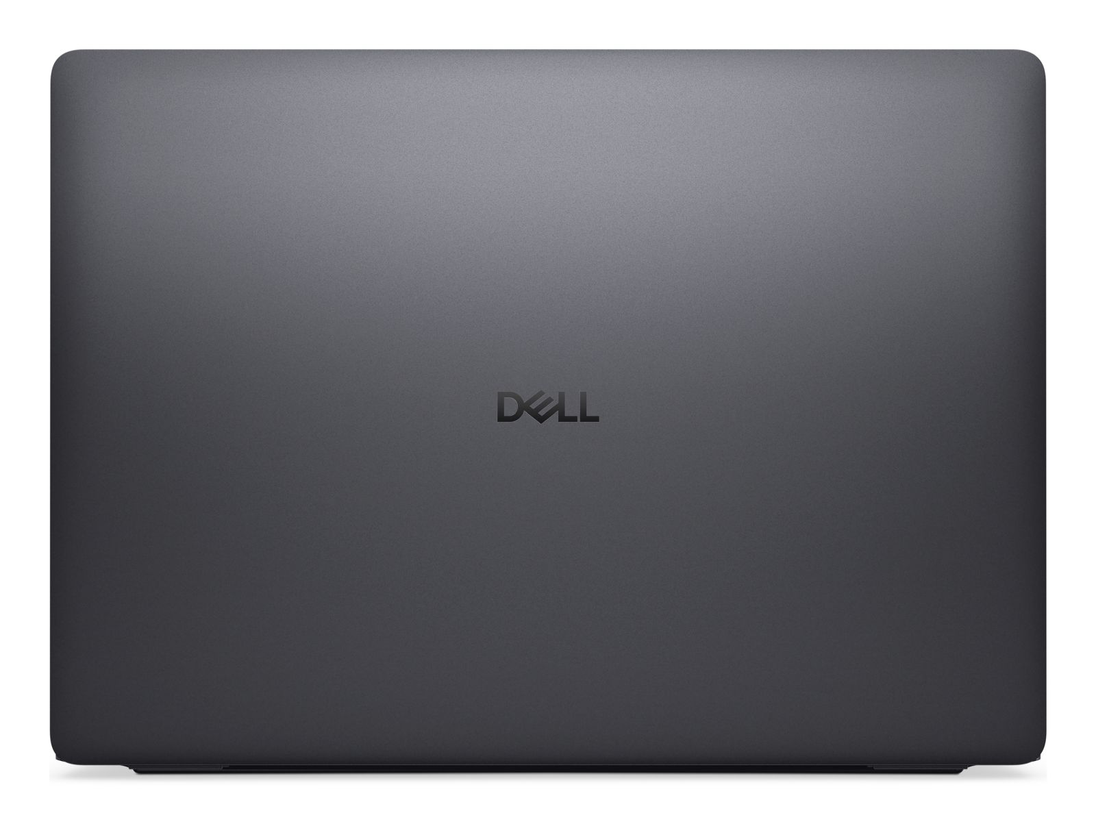Geschlossener grauer Dell-Laptop-Deckel mit zentriertem silbernem Dell-Logo vor weißem Hintergrund.