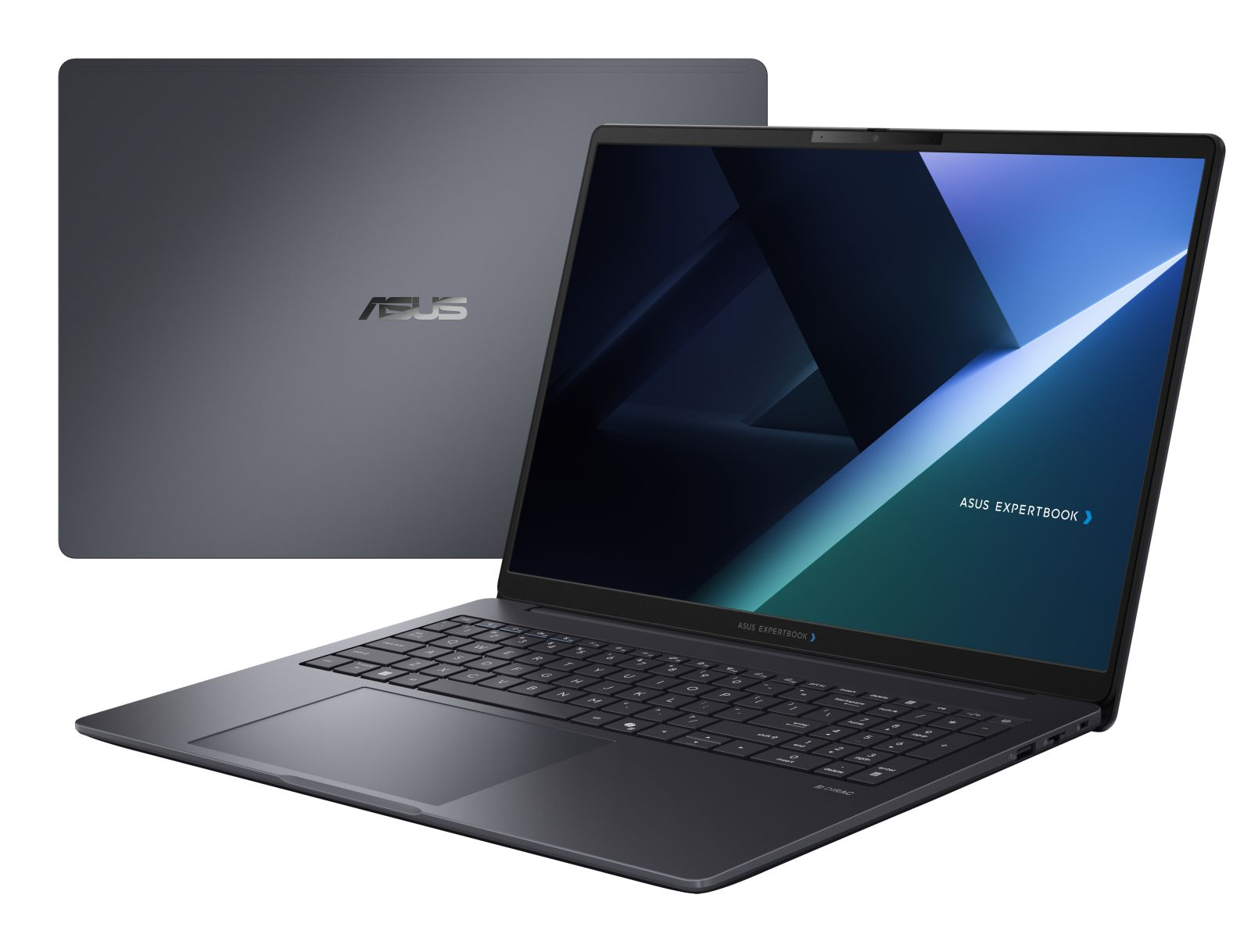 Ein grauer Asus ExpertBook Laptop, geöffnet und im Hintergrund das geschlossene Gerät mit Logo.
