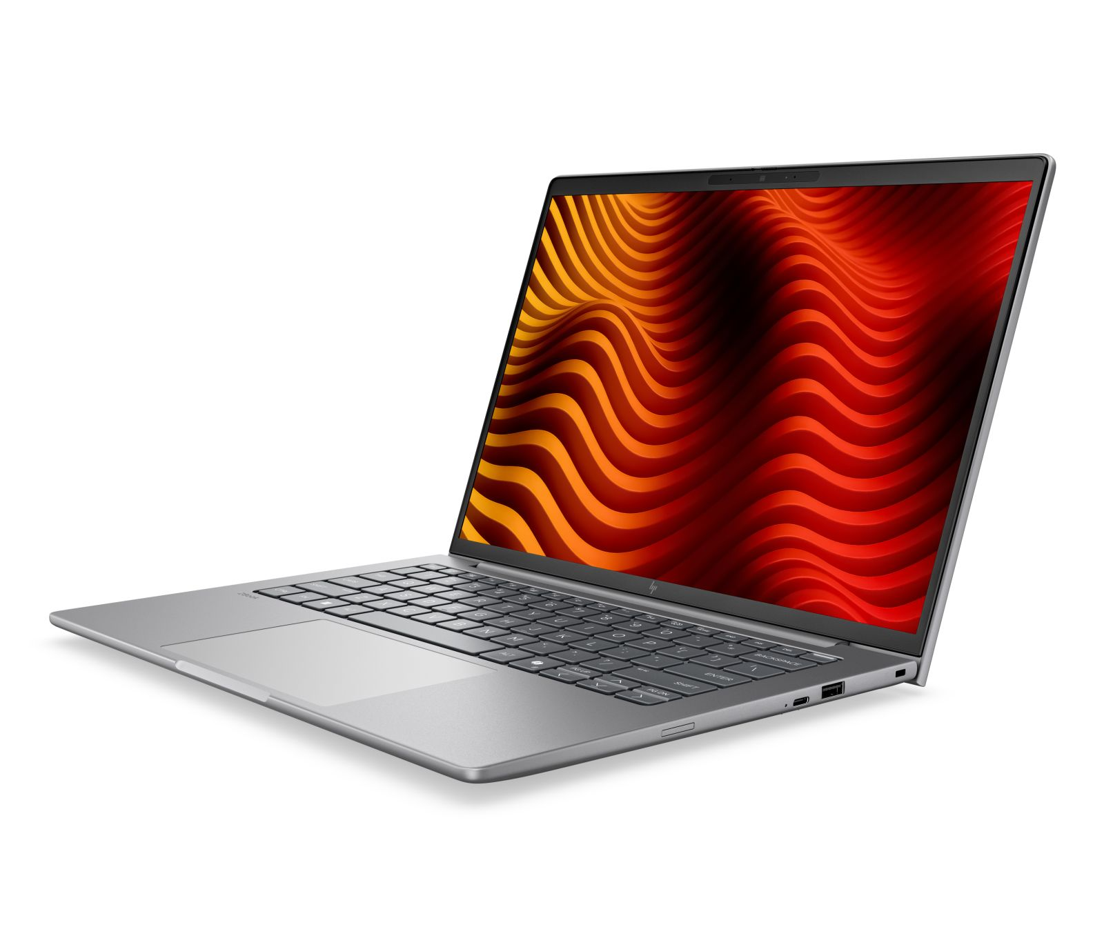 Ein silberner Laptop ist vor weißem Hintergrund geöffnet und zeigt ein abstraktes, rot-gelbes Wellenmuster auf dem Bildschirm.