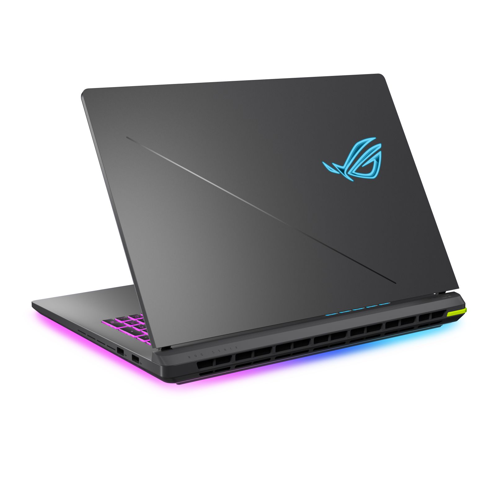 Ein grauer Gaming-Laptop mit leuchtend blauem Logo auf dem Deckel und rosa Unterbodenbeleuchtung.