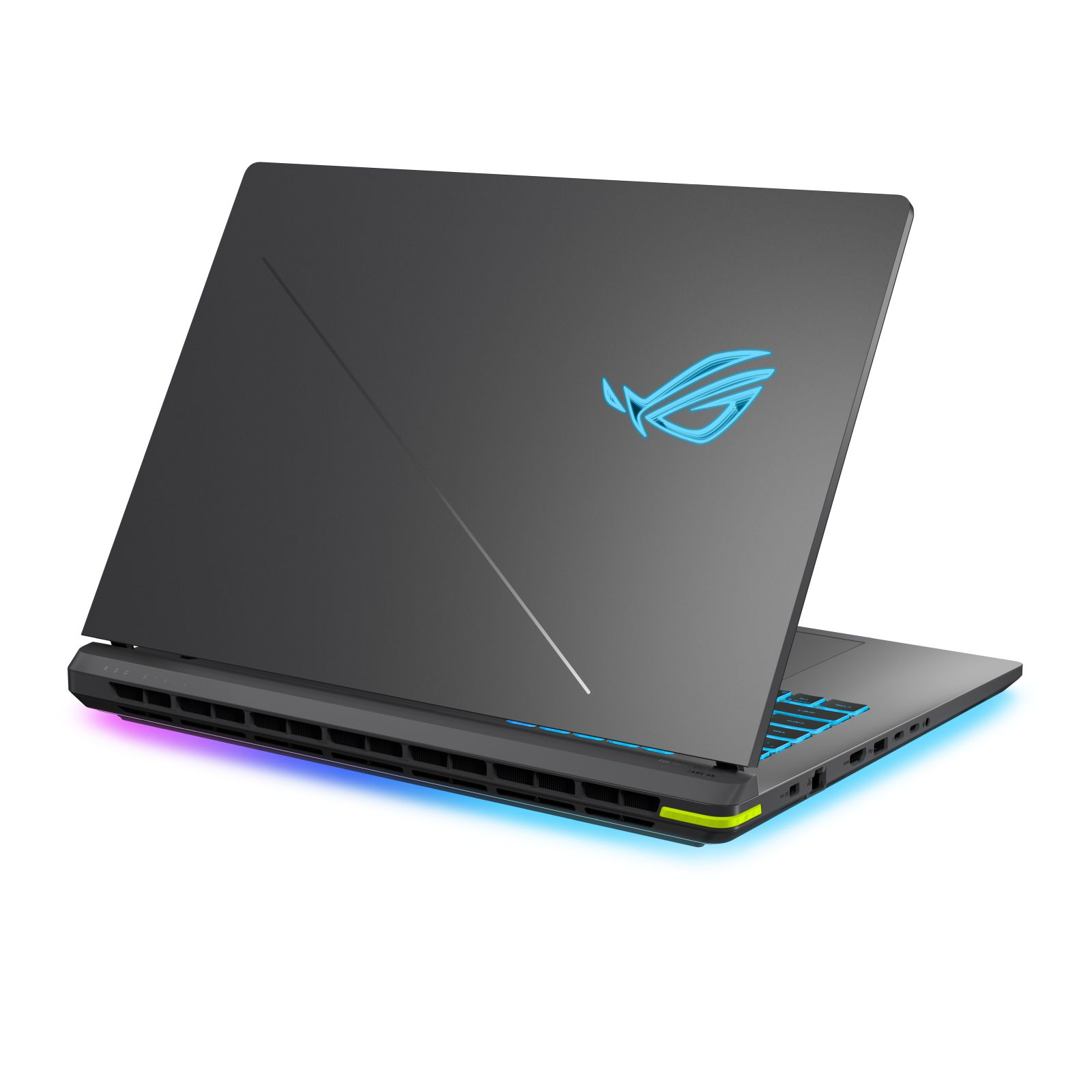 Ein grauer Gaming-Laptop mit leuchtend blauem ROG-Logo auf dem Deckel und farbiger Unterbodenbeleuchtung auf weißem Hintergrund.